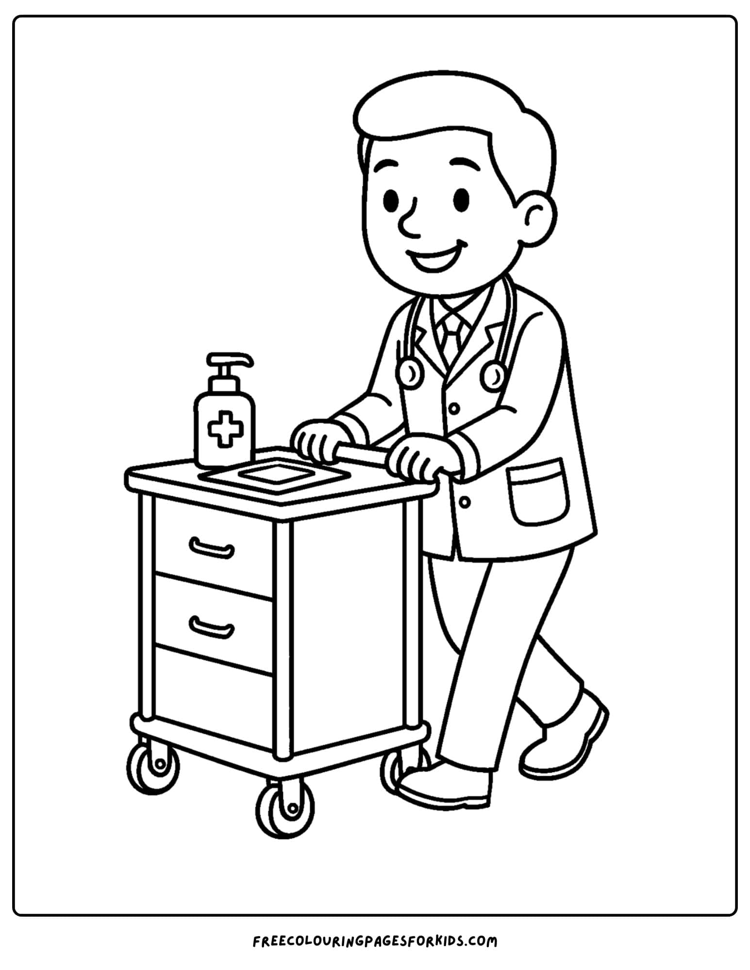 a doctor coloring page featuring a doctor pushing a medical cart