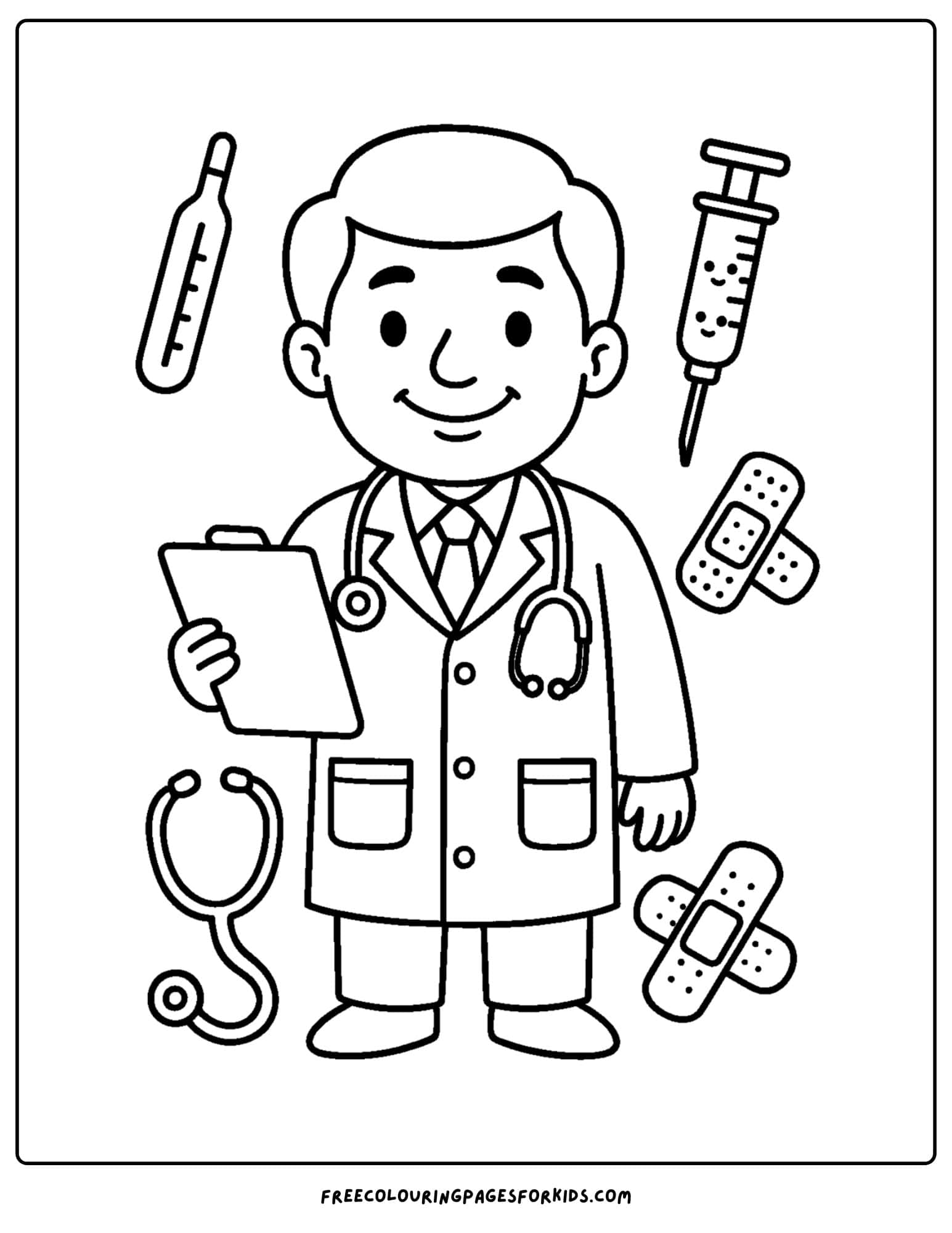 a doctor coloring page featuring a doctor surrounded by medical tools and supplies