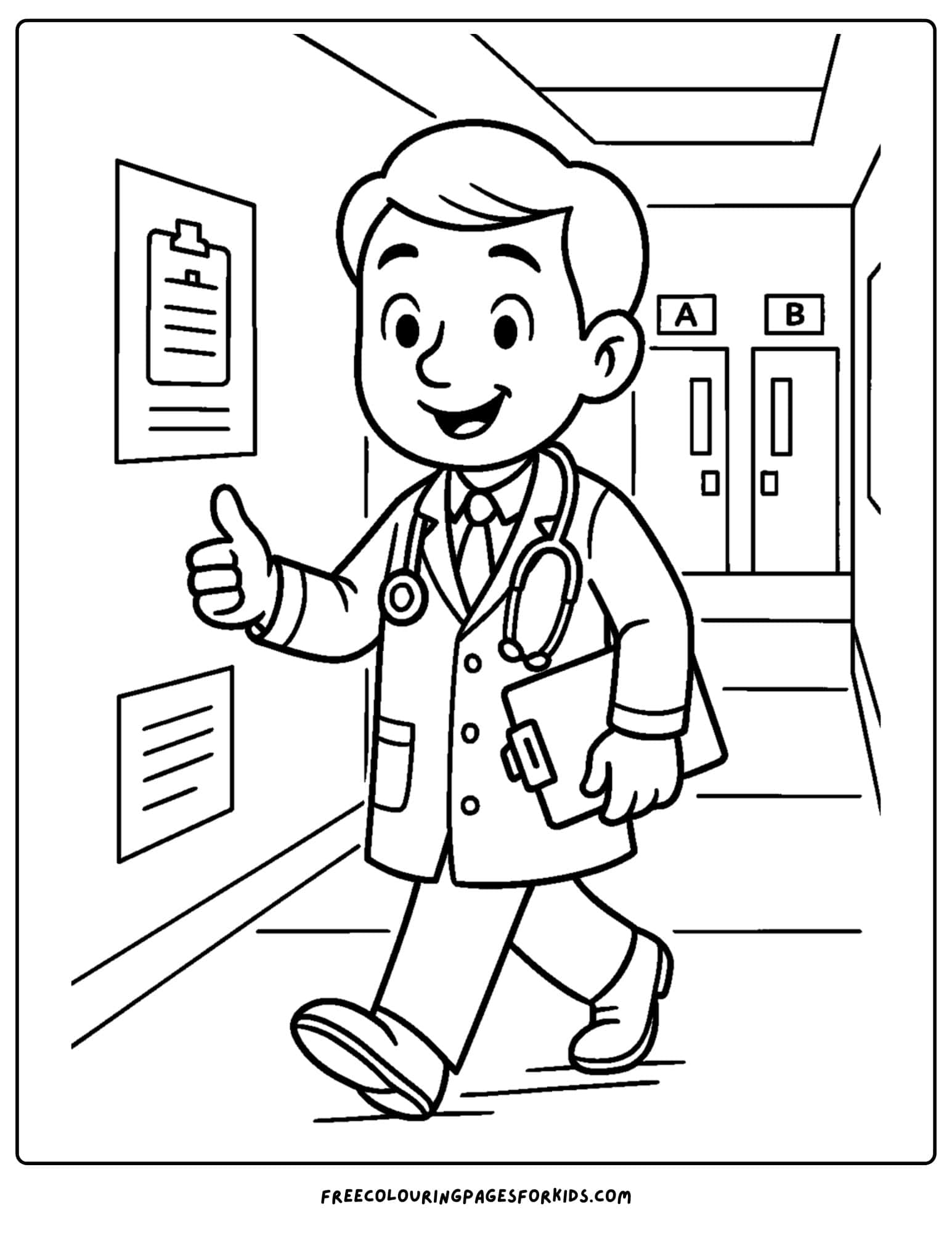 a doctor coloring page featuring a doctor walking in a hospital hallway