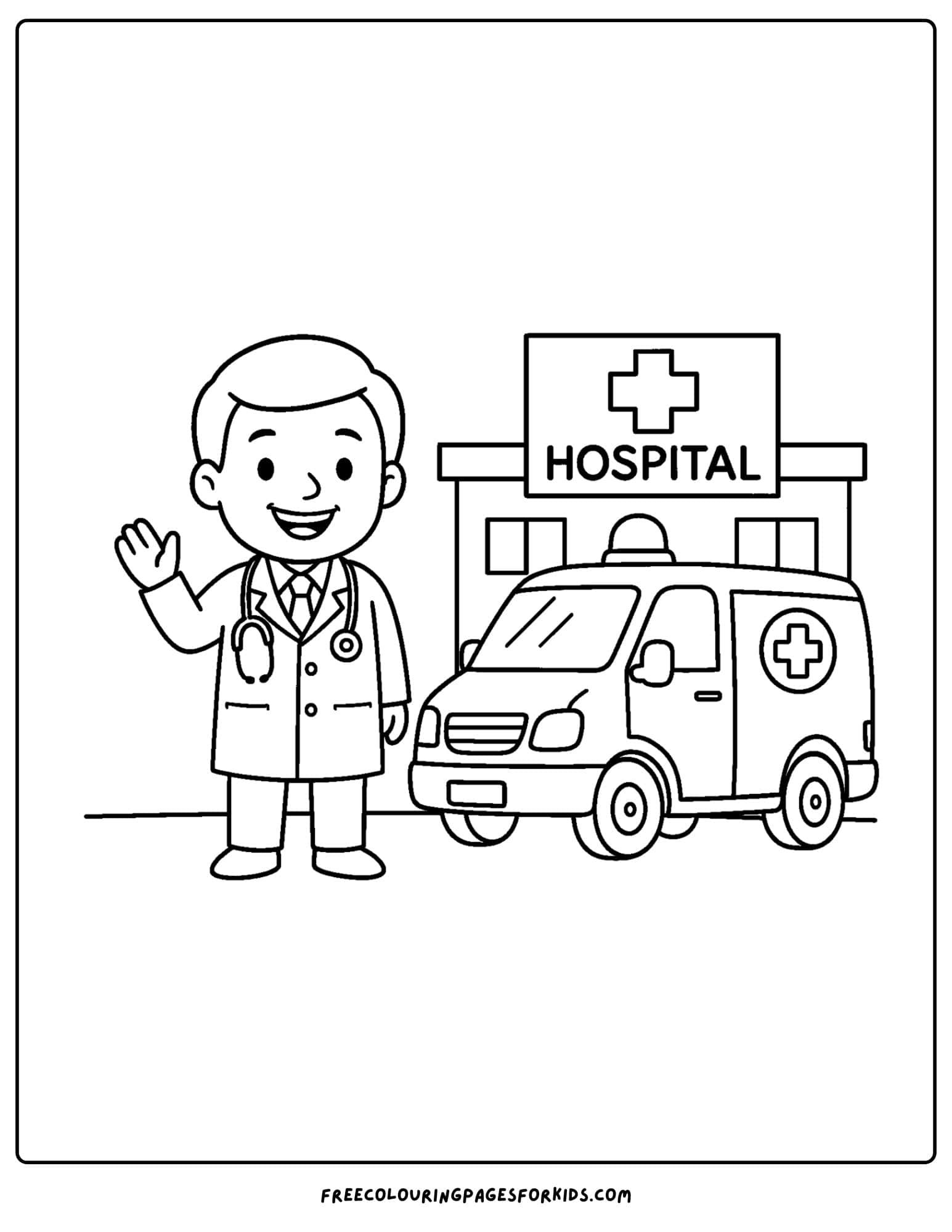 a doctor coloring page featuring a doctor standing outside a hospital next to an ambulance