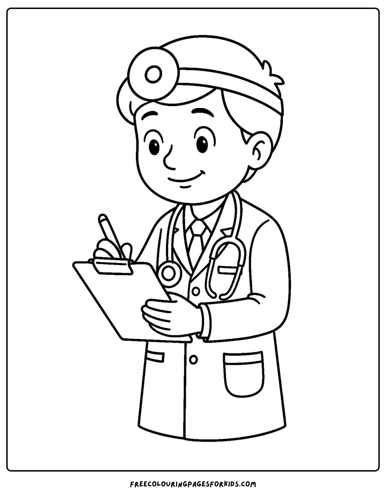 a doctor coloring page featuring a doctor writing on a cliboard