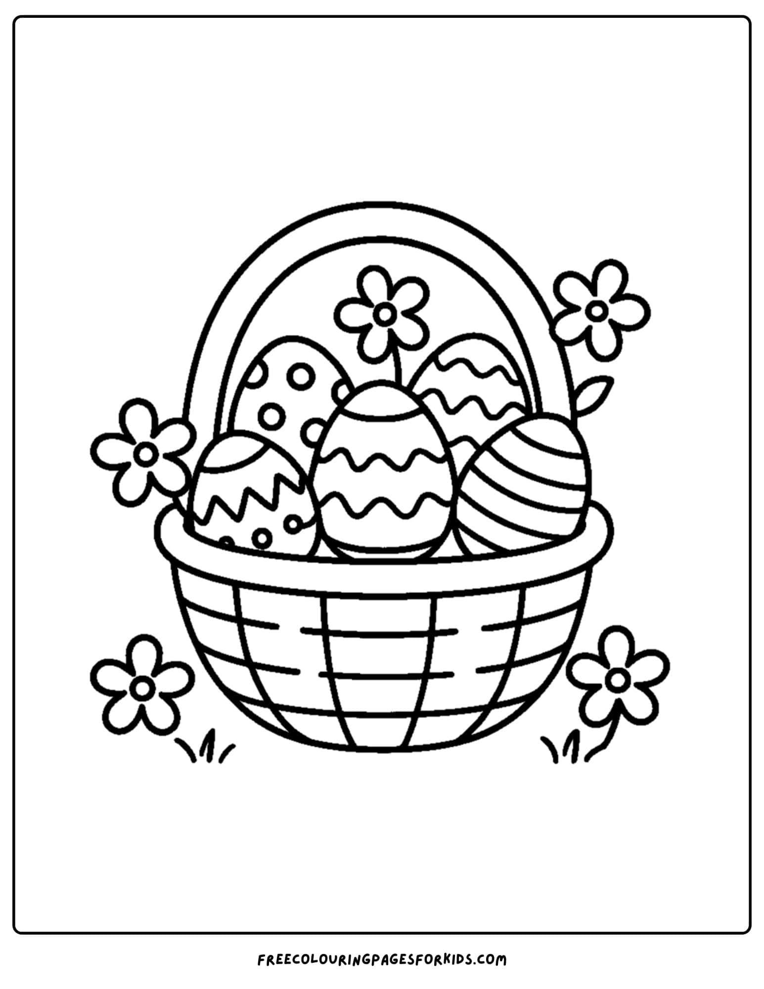 a holiday coloring page featuring a basket of easter eggs