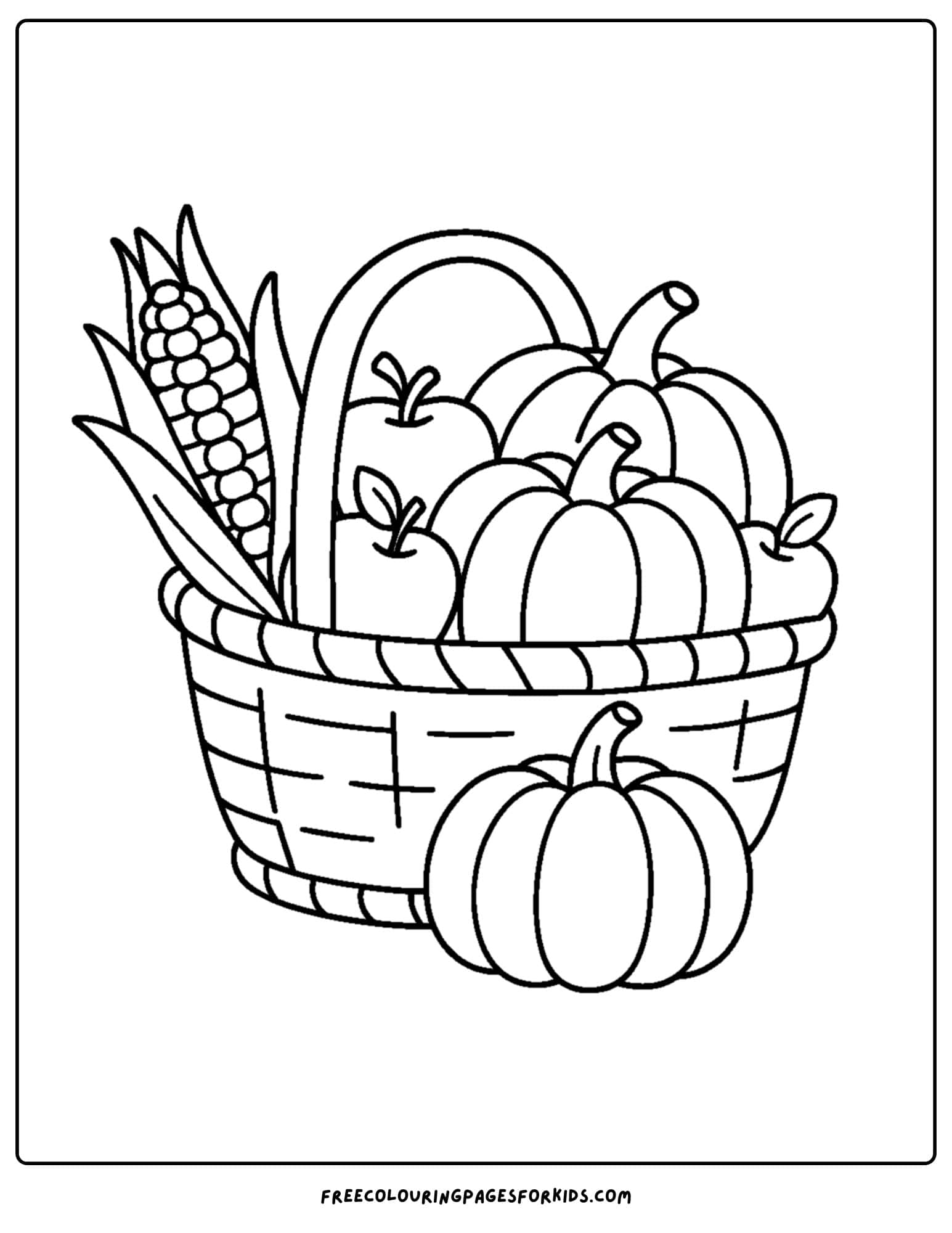 a holiday coloring page featuring a basket of pumpkins