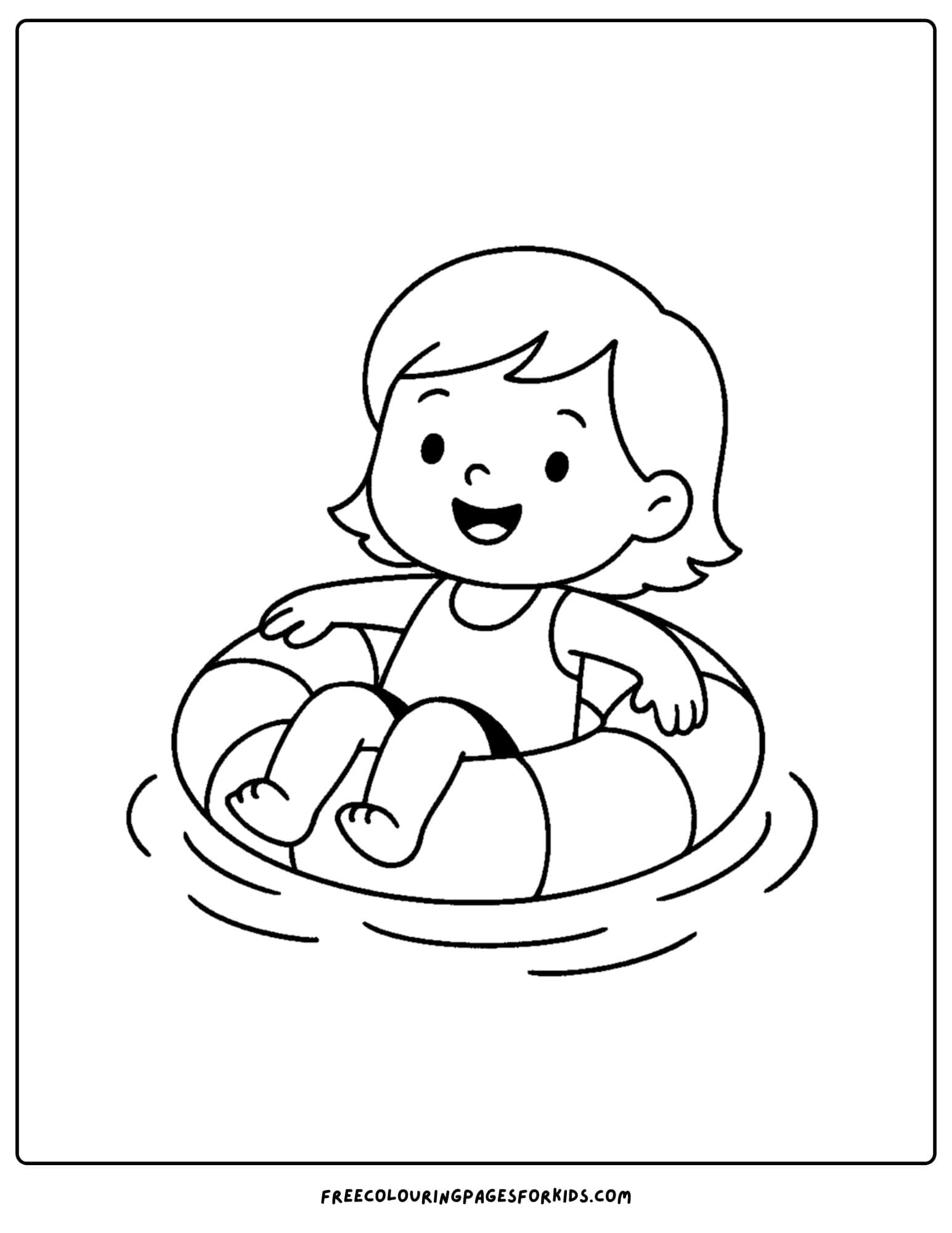 a holiday coloring page featuring a girl floating in a pool ring