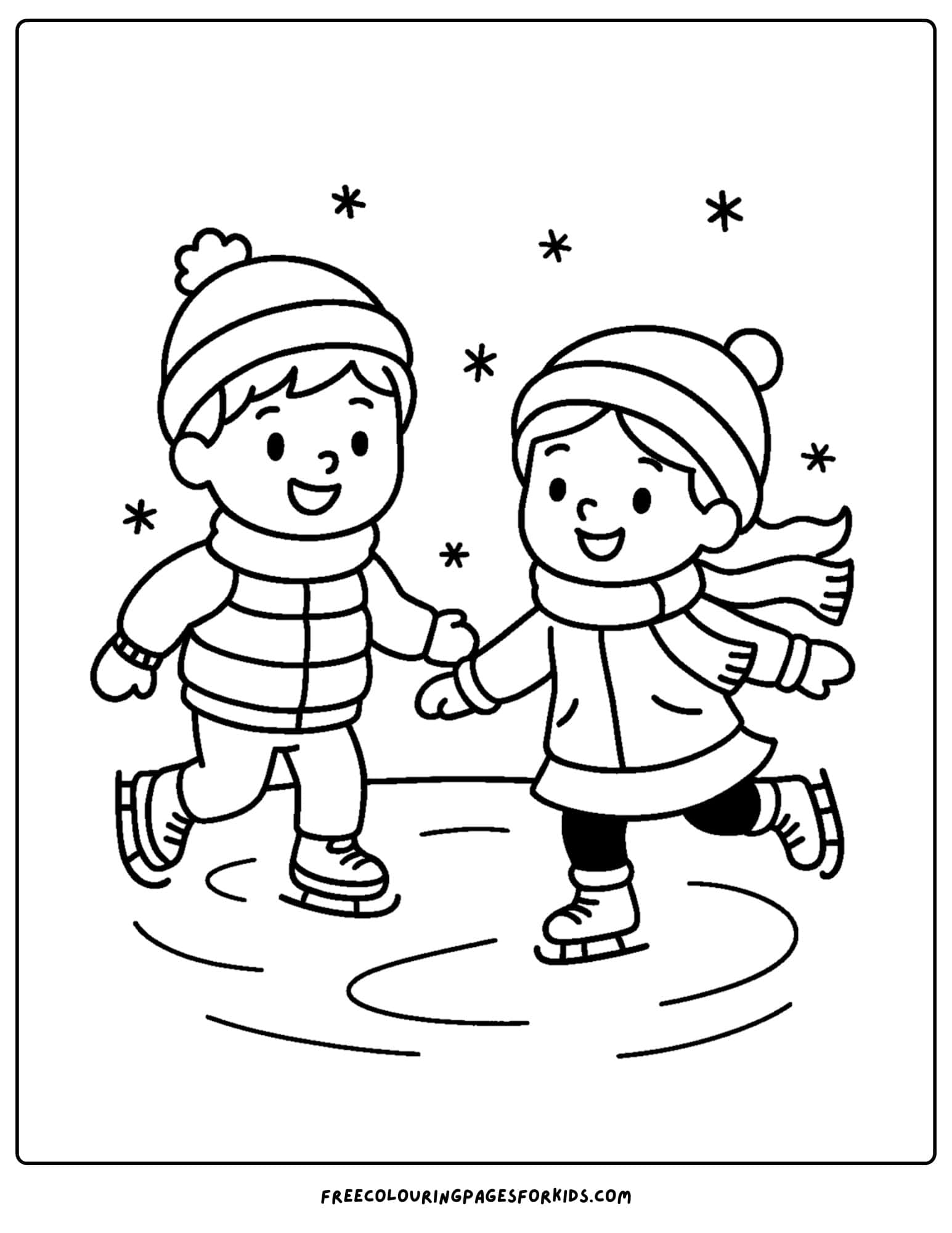 a holiday coloring page featuring kids ice skating