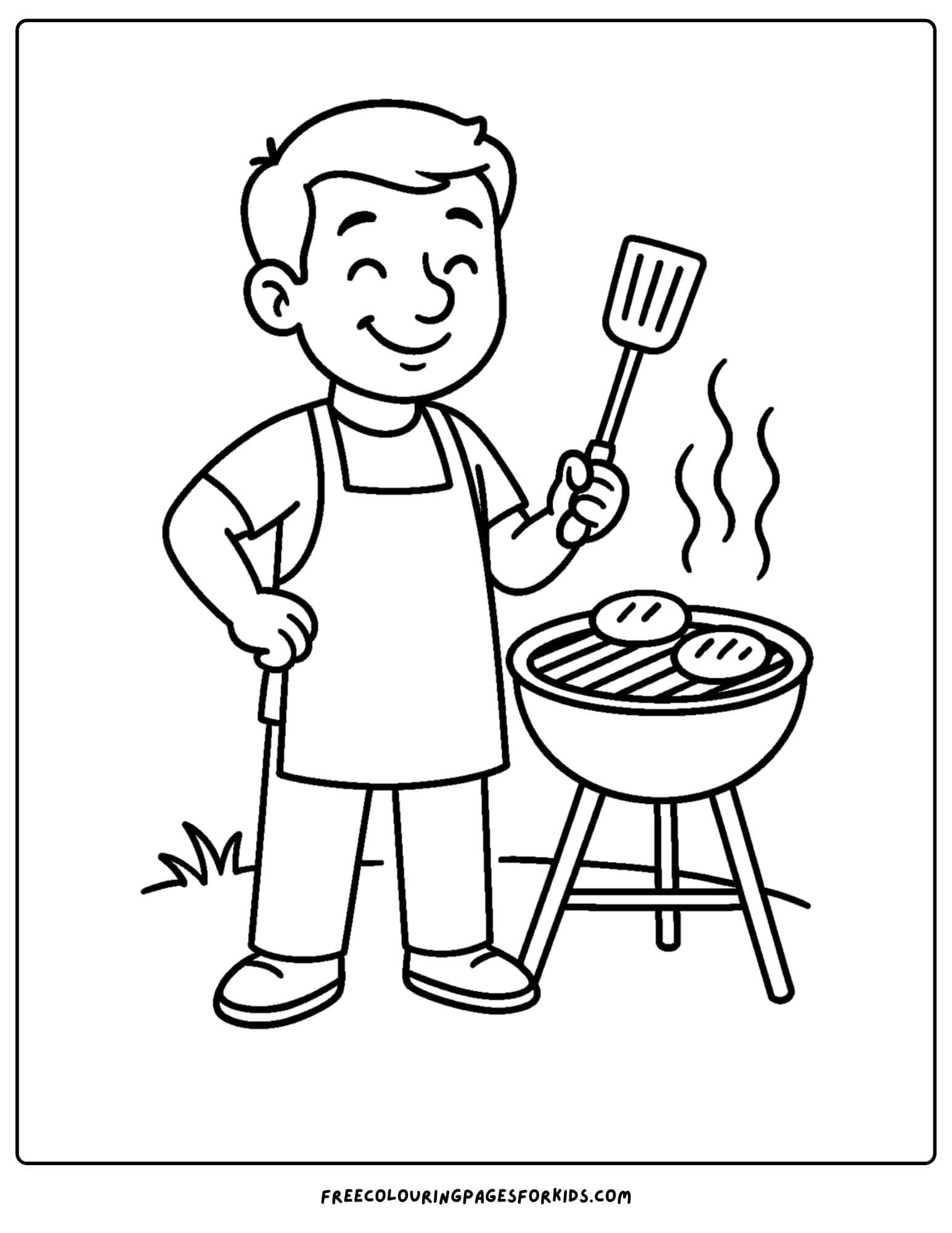 a holiday coloring page featuring a dad grilling burgers on the bbq