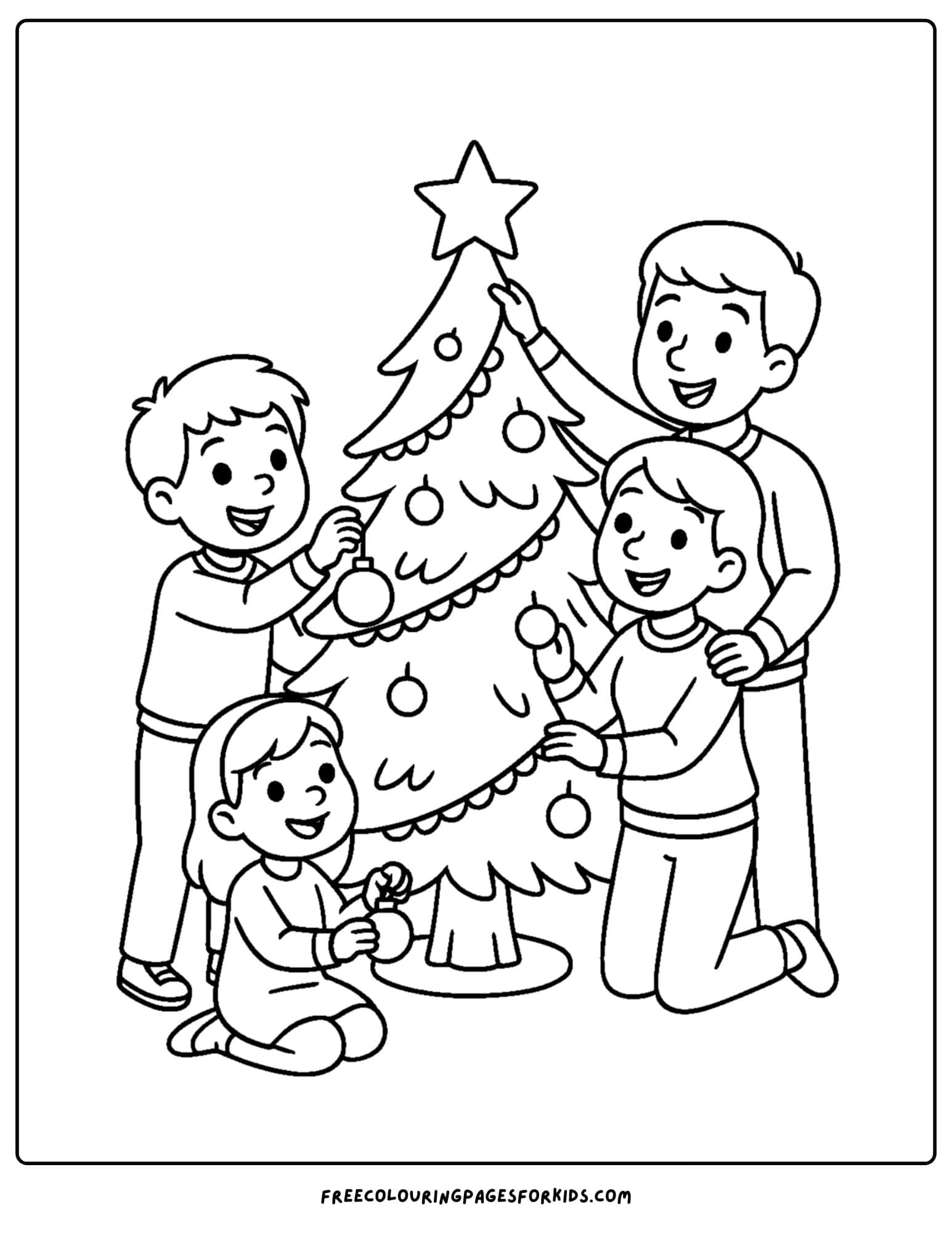 a holiday coloring page featuring a family decorating a christmas tree