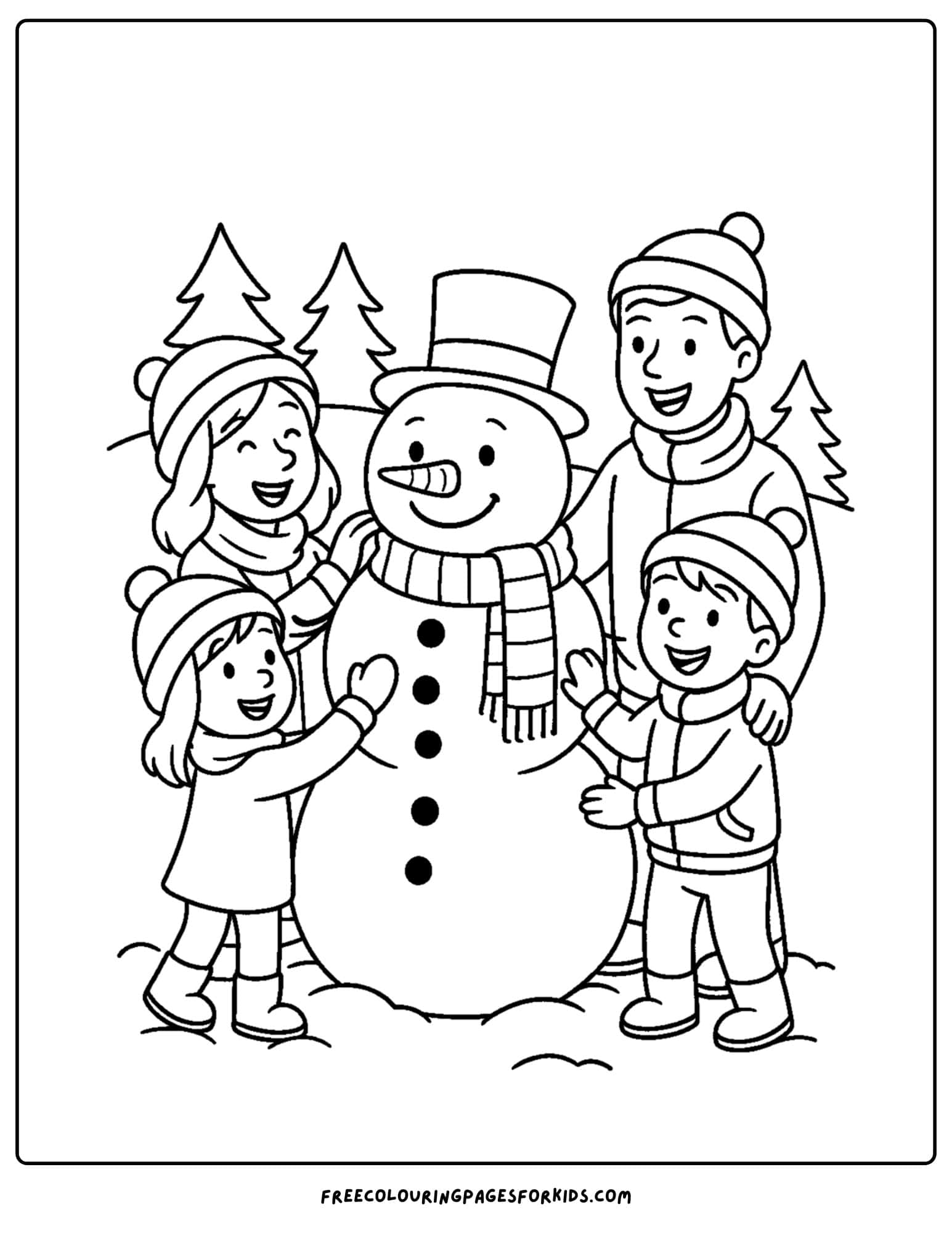 a holiday coloring page featuring a family making a snowman