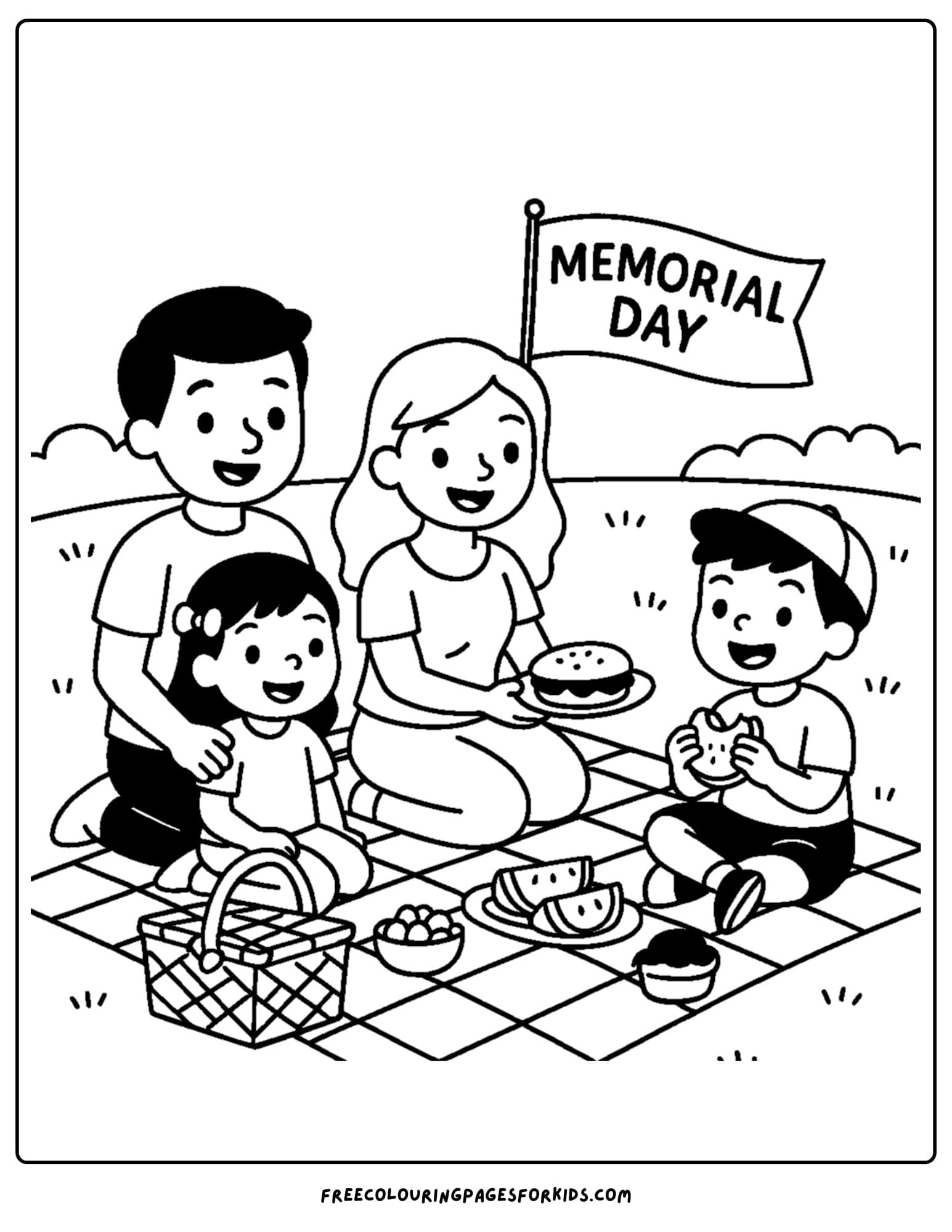 a holiday coloring page featuring a family having a memorial day picnic