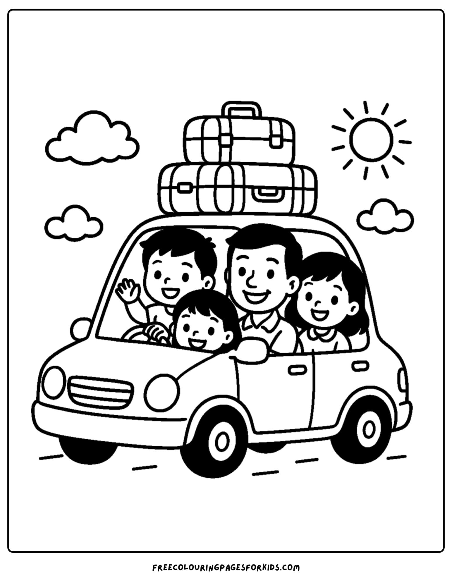 a holiday coloring page featuring a family going on a road trip