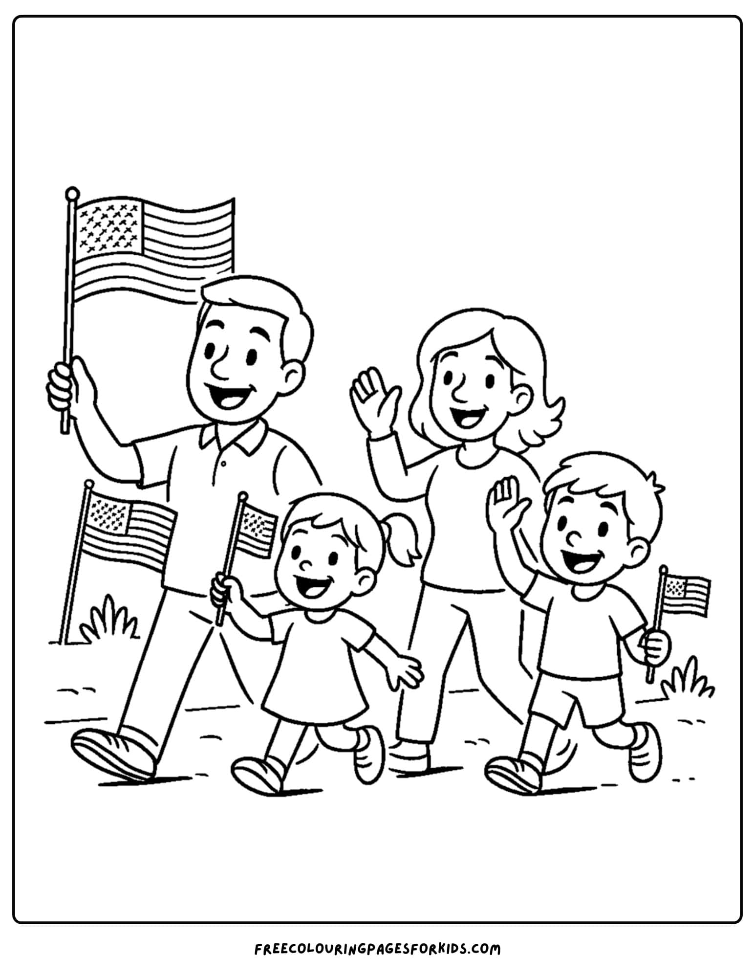 a holiday coloring page featuring a family walking and waving flags