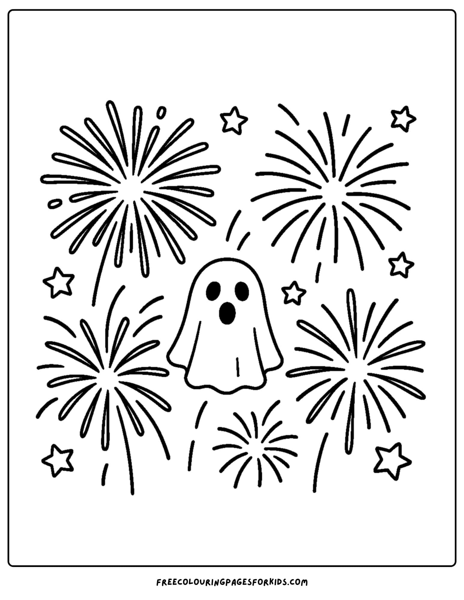 a holiday coloring page featuring a ghost surrounded by fireworks