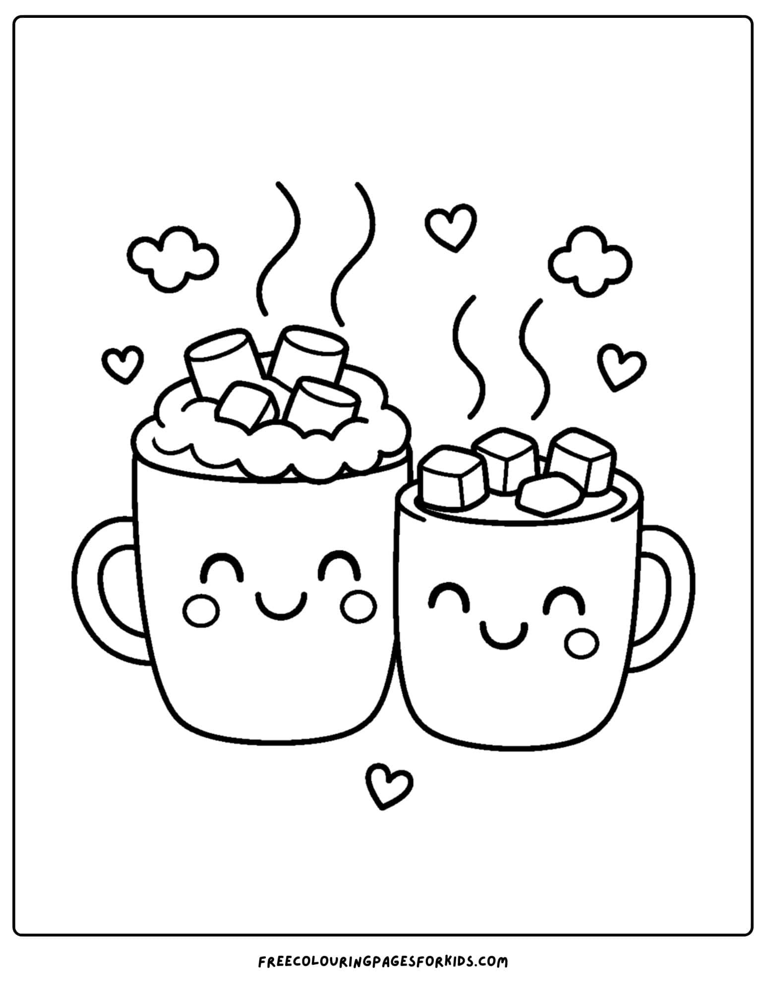 a holiday coloring page featuring hot chocolate and marshmallows