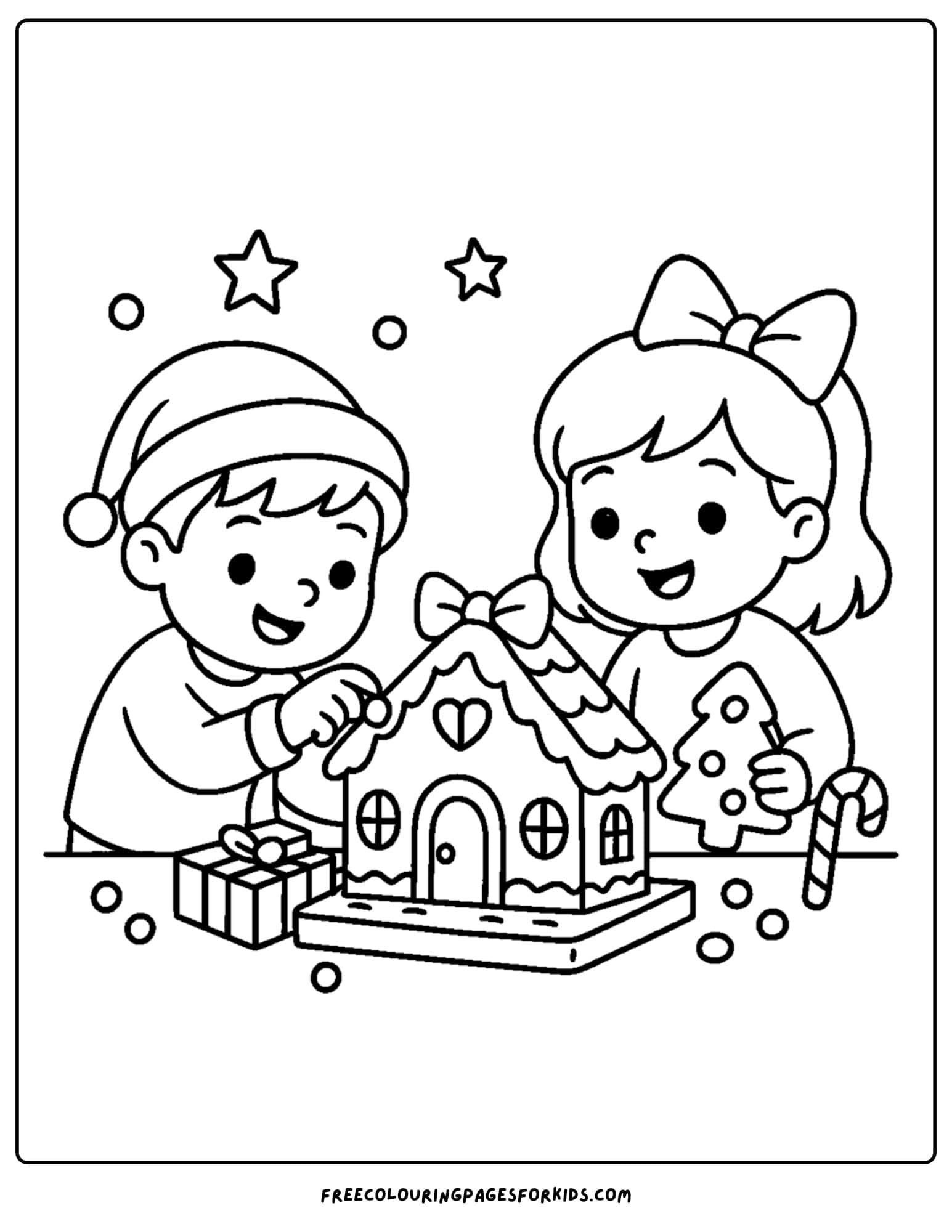 a holiday coloring page featuring children building a gingerbread house