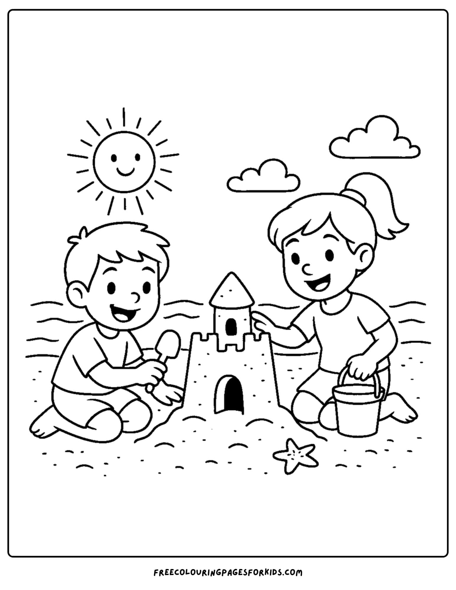 a holiday coloring page featuring kids building a sandcastle at the beach