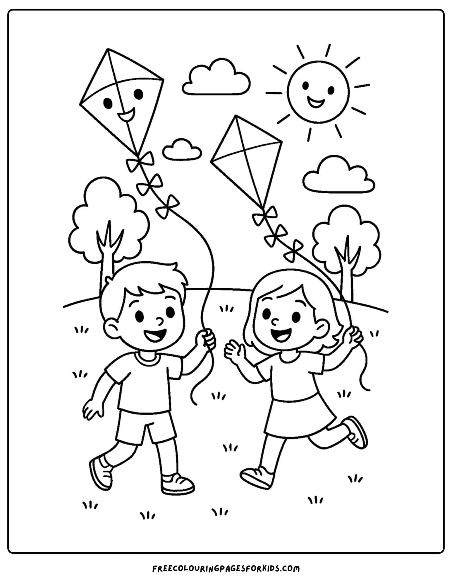a holiday coloring page featuring children flying kites at a park