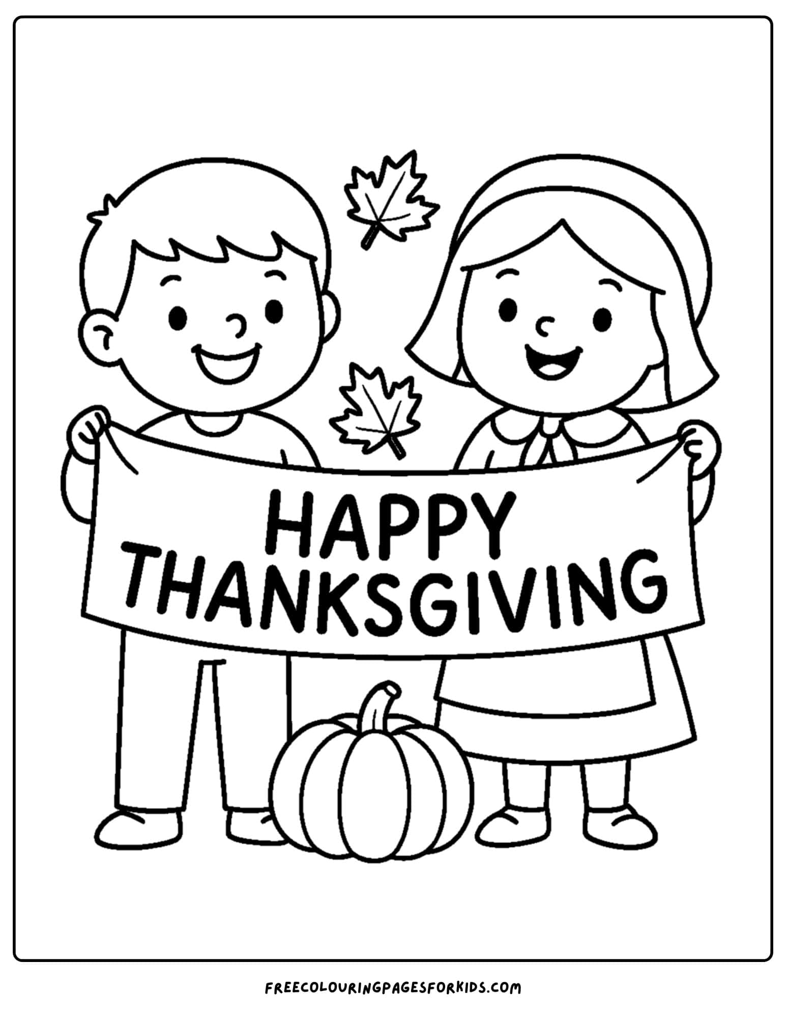 a holiday coloring page featuring kids holding a happy thanksgiving banner