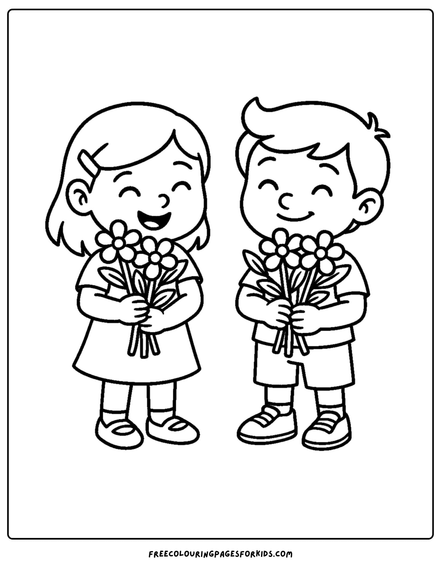 a holiday coloring page featuring children giving flowers to each other for valentines day