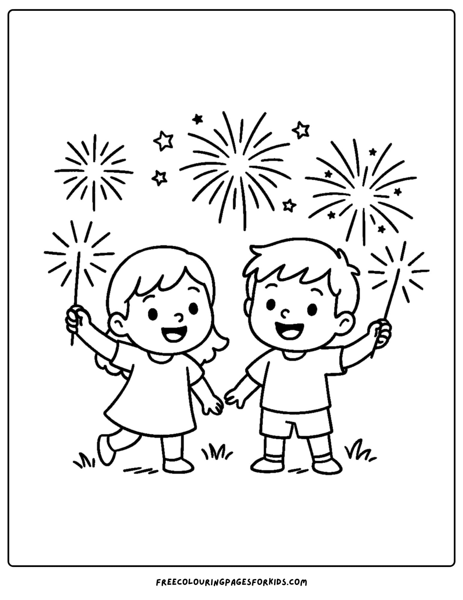 a holiday coloring page featuring kids with sparklers