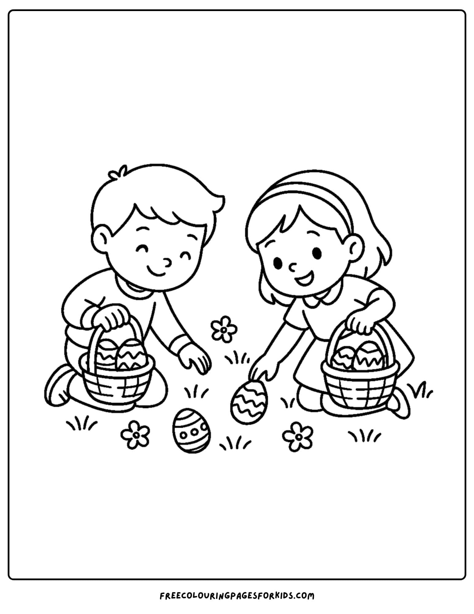 a holiday coloring page featuring kids hunting for easter eggs
