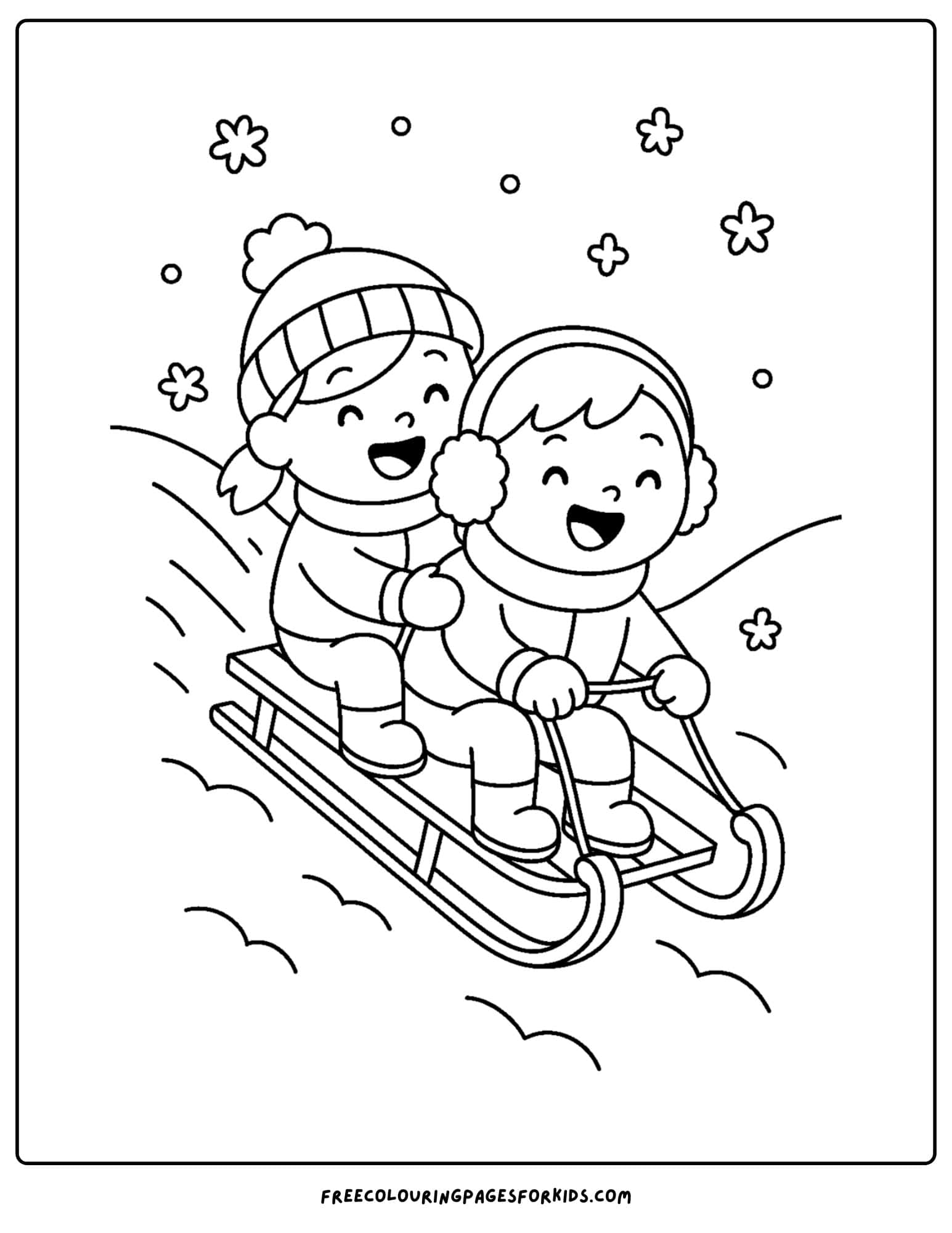 a holiday coloring page featuring children sledding on a snowy hill