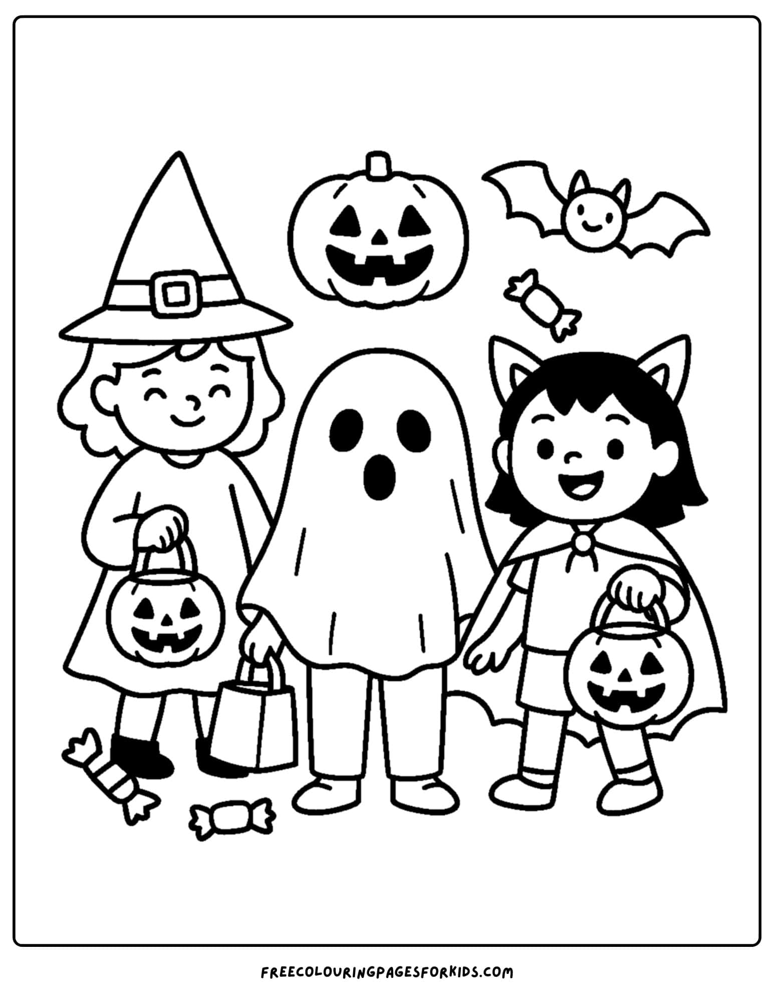 a holiday coloring page featuring kids dressed up to go trick or treating for halloween