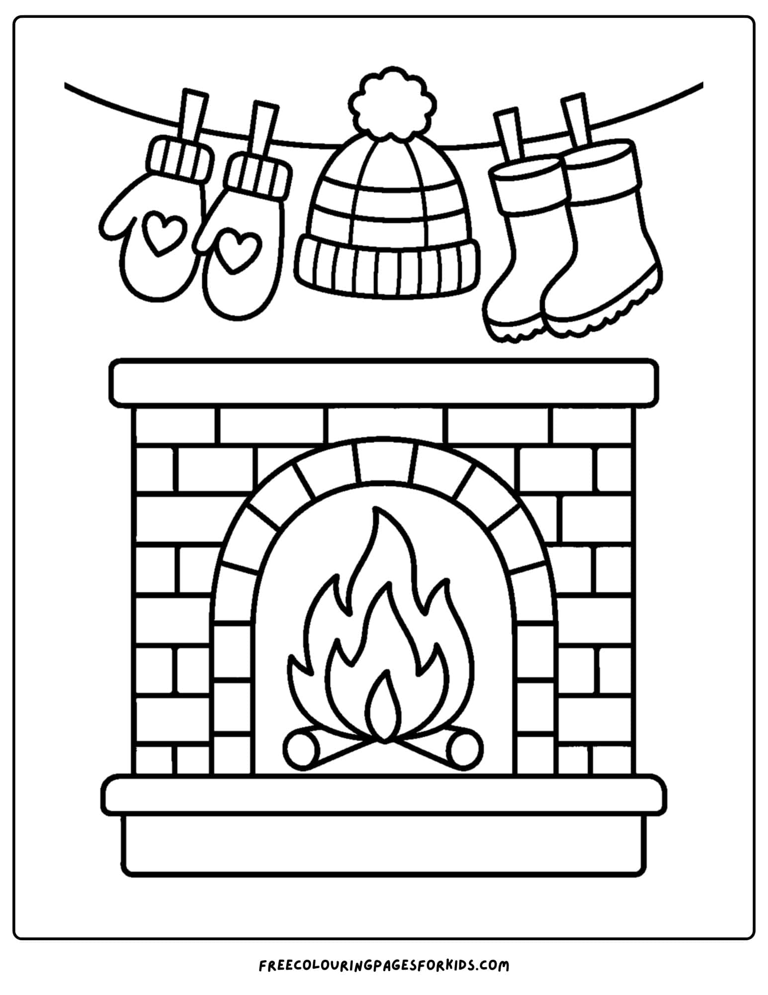 a holiday coloring page featuring hats and mittens drying by the fire