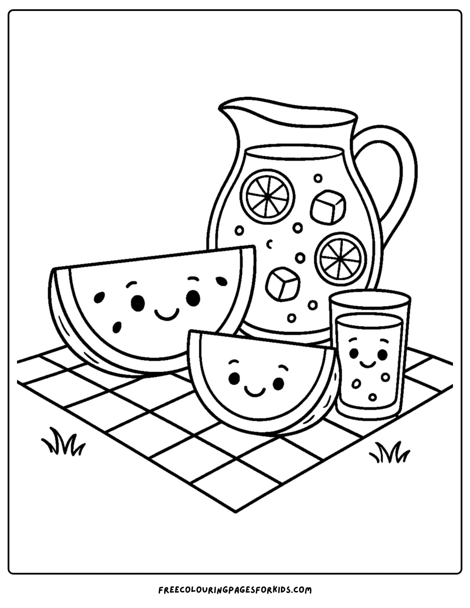 a holiday coloring page featuring a summer holiday picnic of watermelon and lemonade