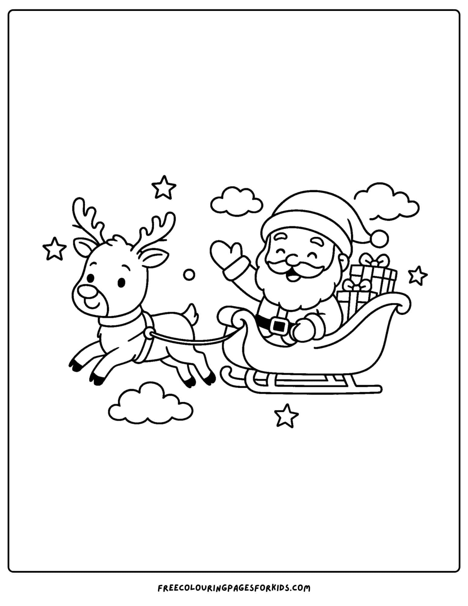 a holiday coloring page featuring santa in his sleigh with a reindeer pulling it