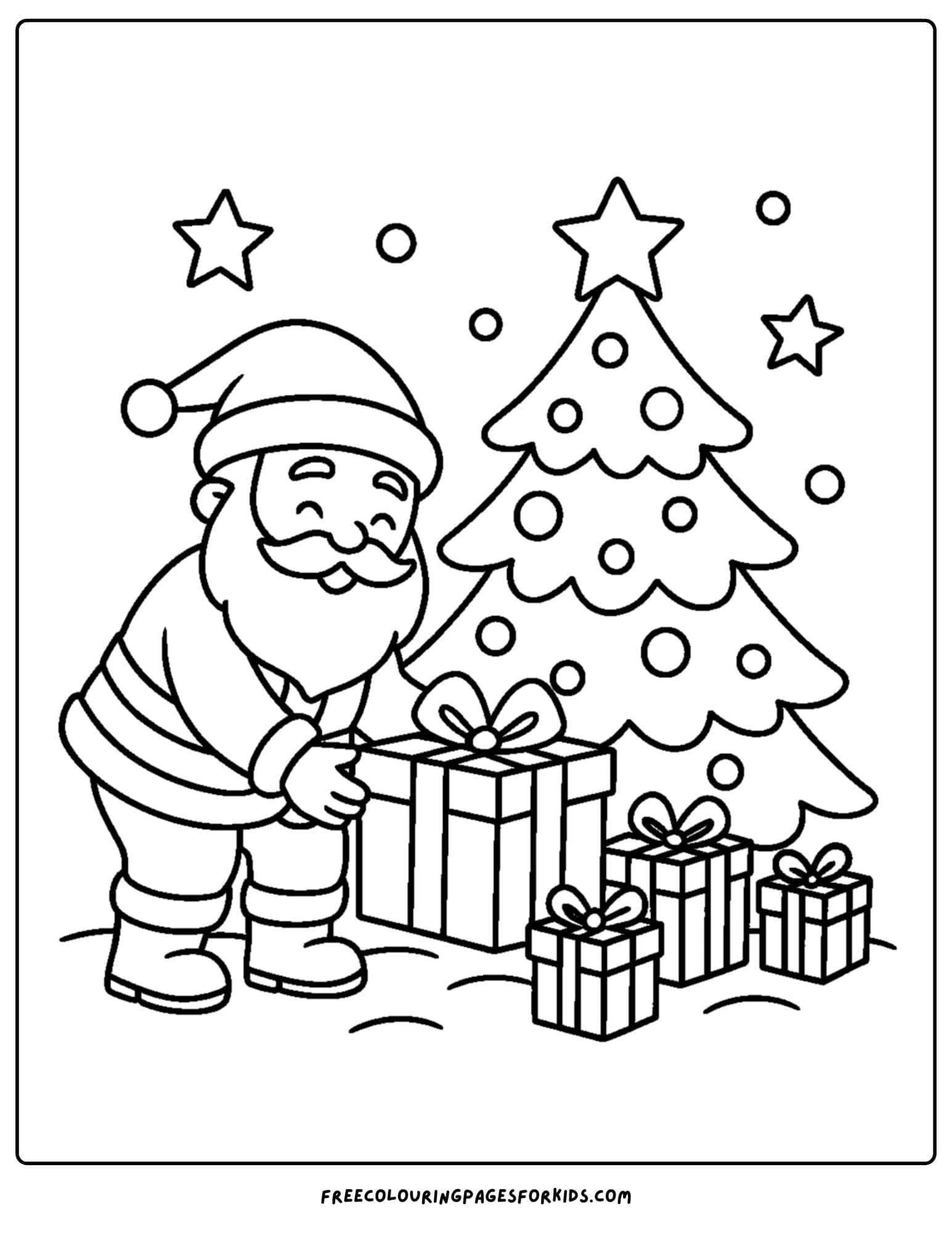 a holiday coloring page featuring santa putting presents under the tree