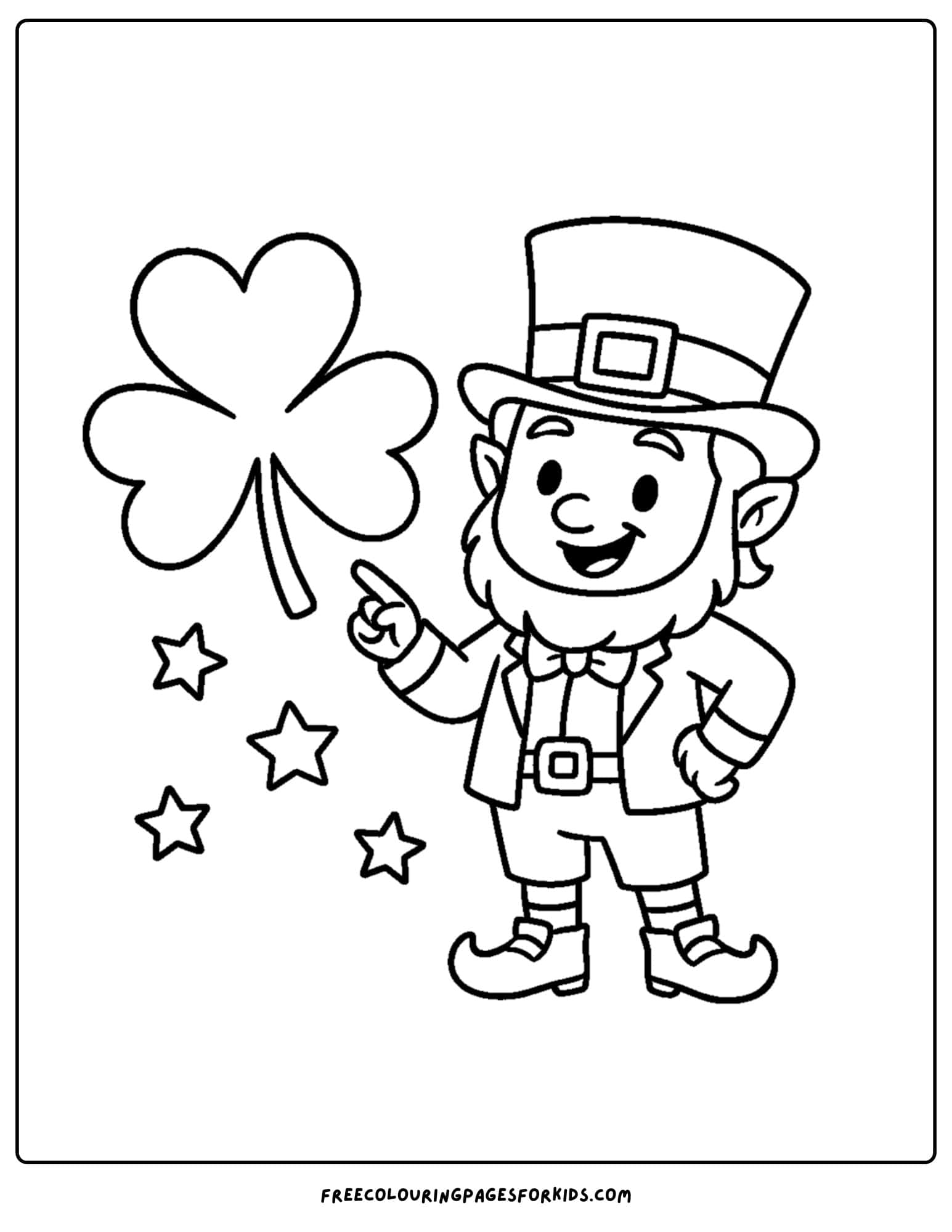 a holiday coloring page featuring a shamrock and a leprechaun