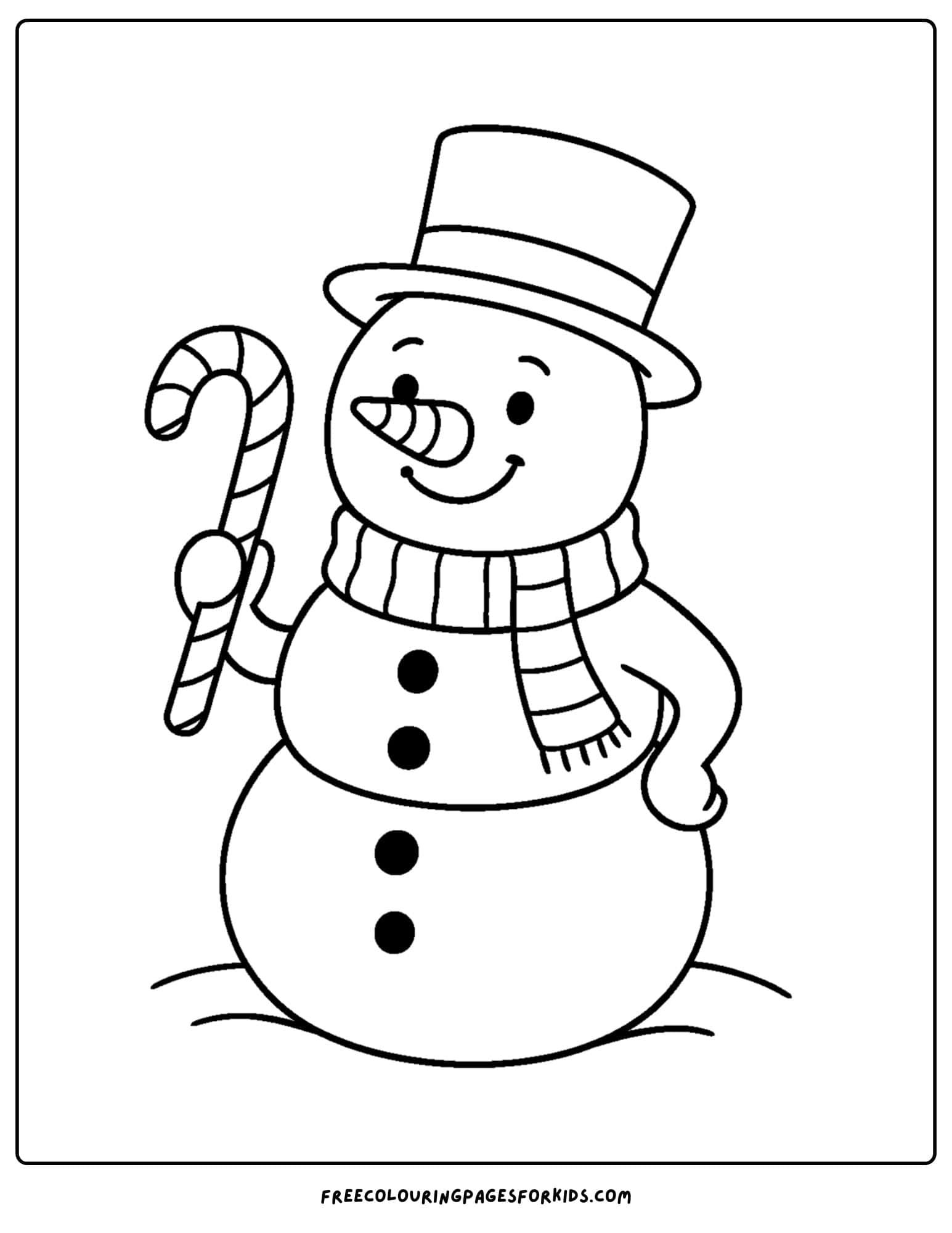 a holiday coloring page featuring a snowman with a candy cane