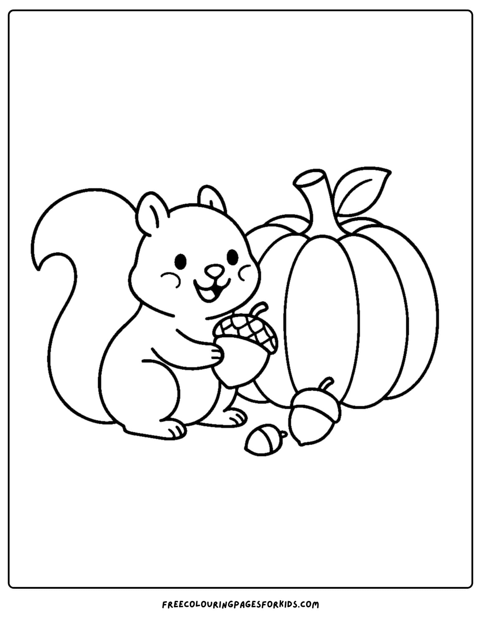 a holiday coloring page featuring a squirrel and a pumpkin