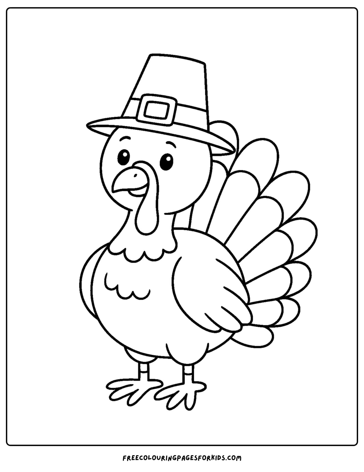 a holiday coloring page featuring a turkey wearing a pilgrim hat