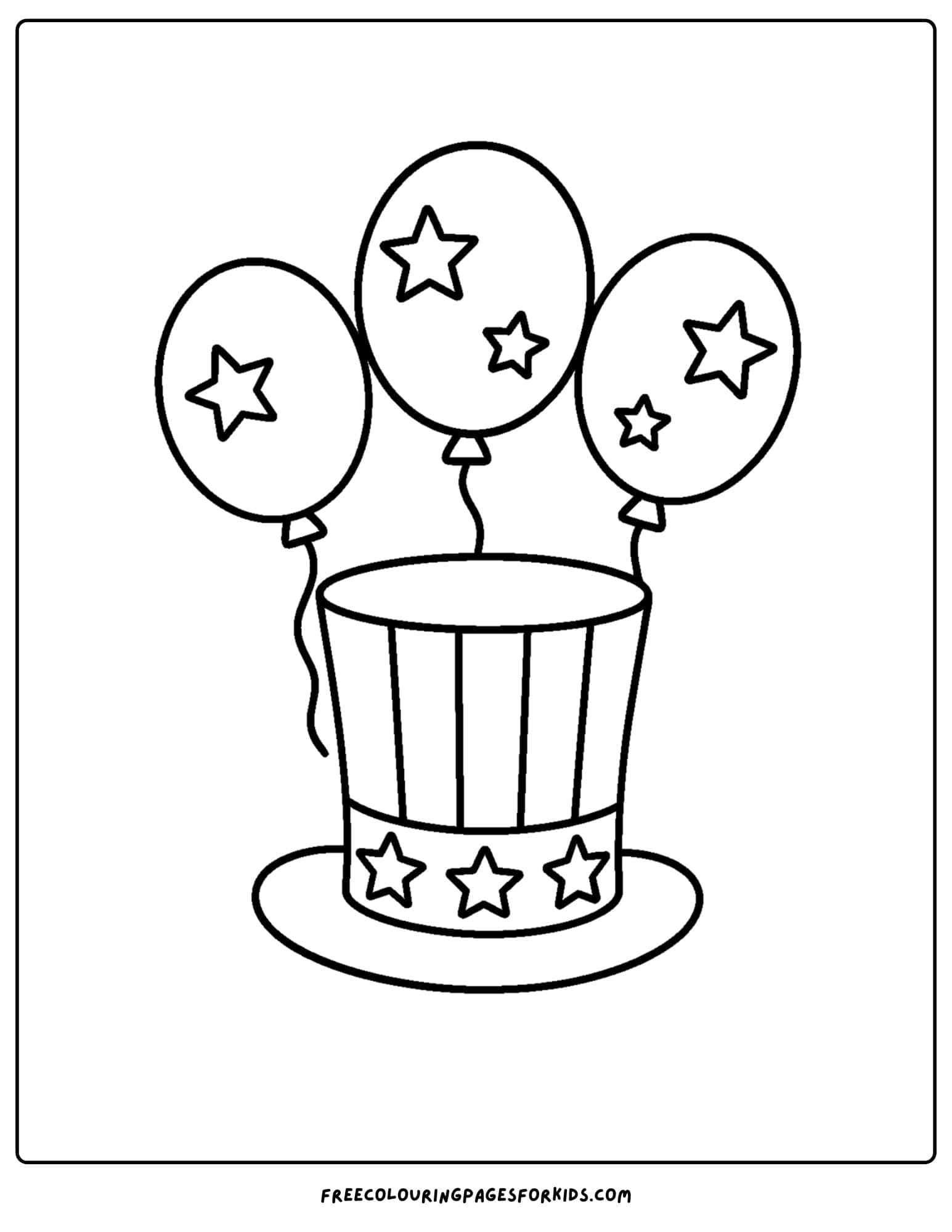 a holiday coloring page featuring an uncle sam hat and balloons