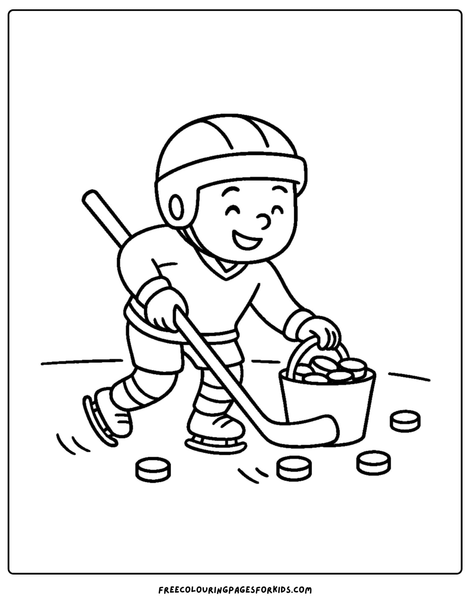 an ice hockey coloring page featuring a child cleaning up pucks after practice