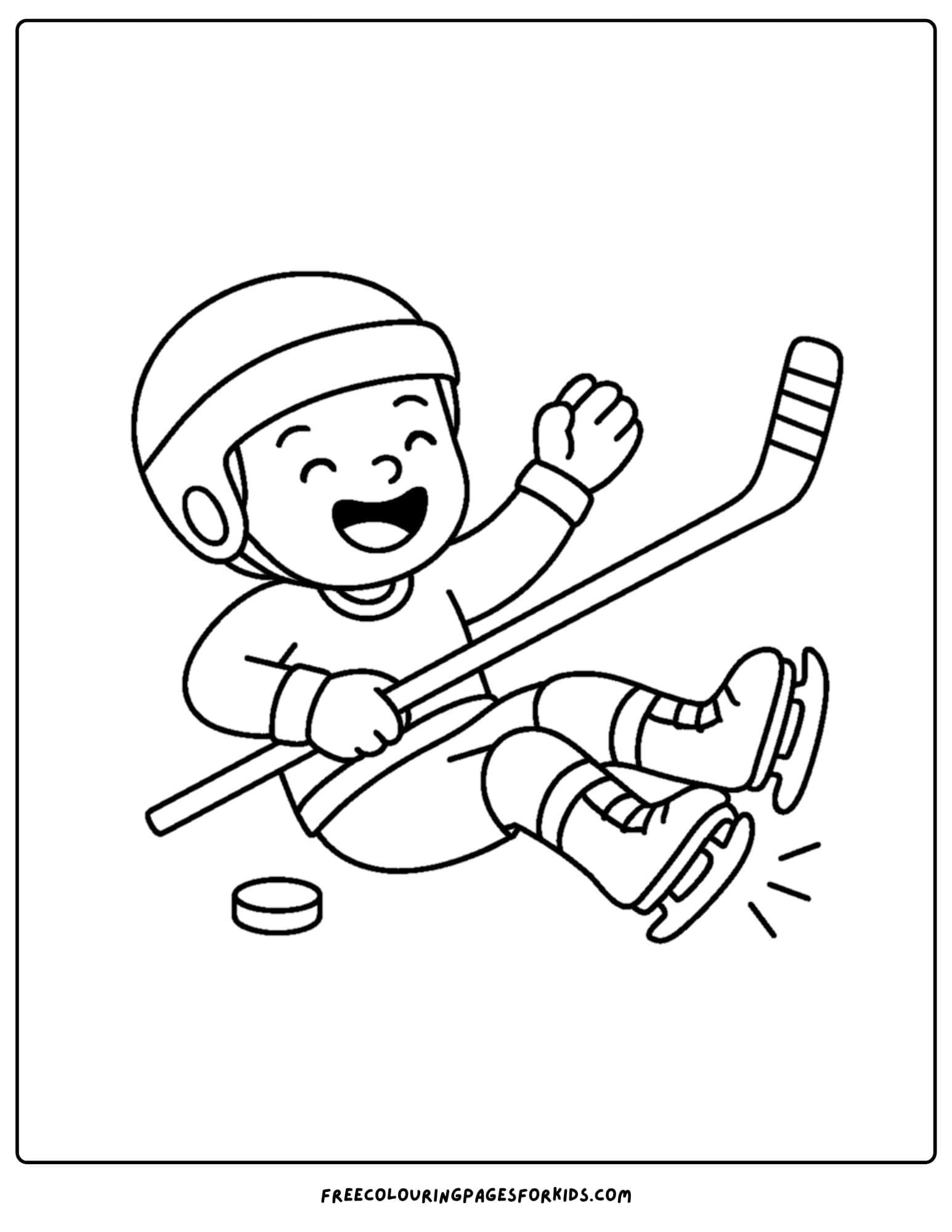 an ice hockey coloring page featuring a child falling over taking a shot