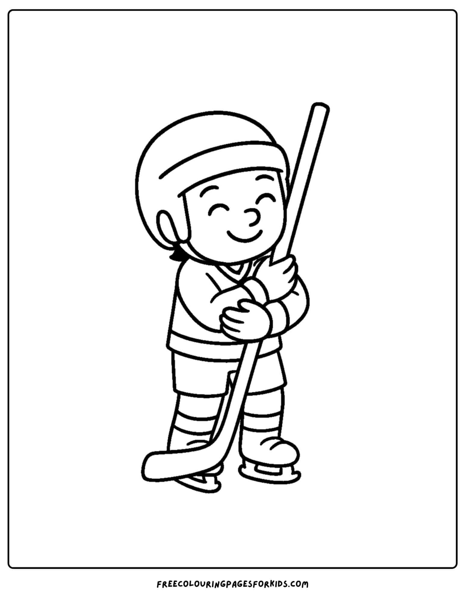 an ice hockey coloring page featuring a child hugging his stick