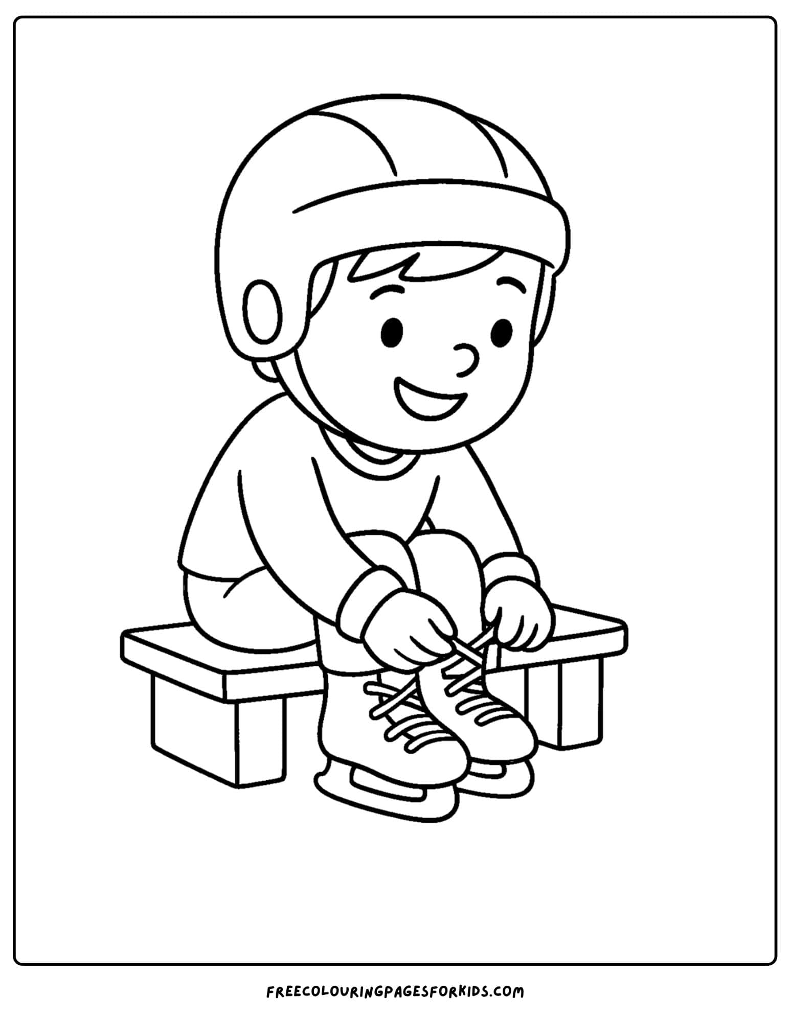 an ice hockey coloring page featuring a child putting on his ice hockey skates