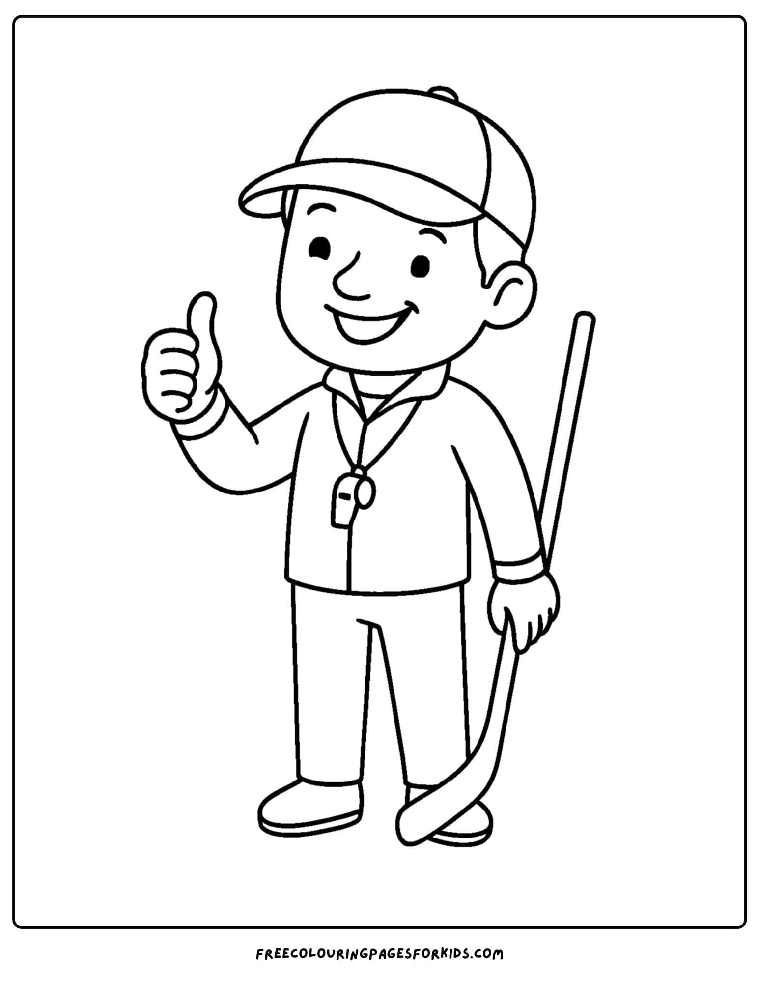 an ice hockey coloring page featuring a coach giving a thumbs up to his players