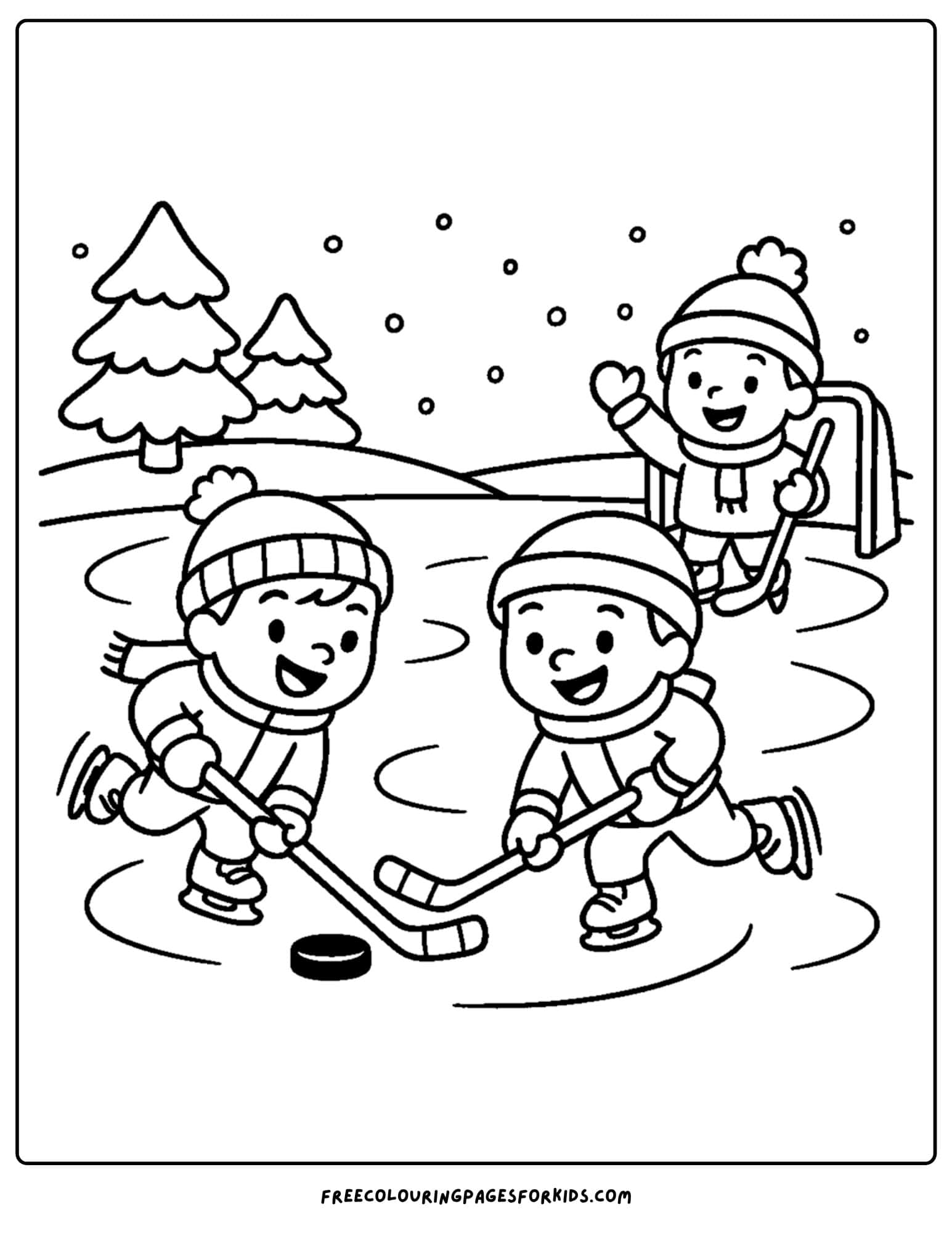 an ice hockey coloring page featuring a goalie and a player giving each other a high five
