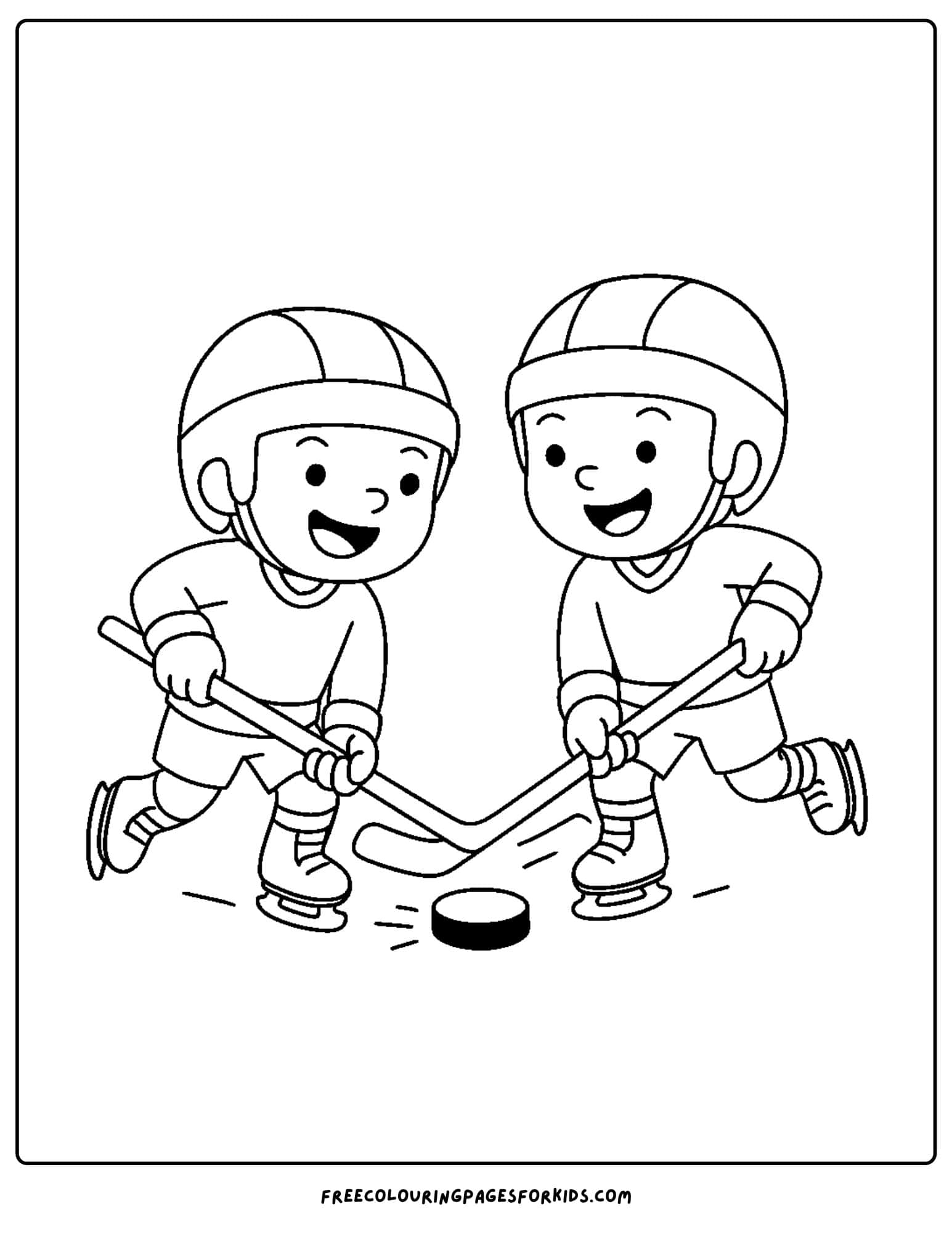 an ice hockey coloring page featuring two players racing for the puck