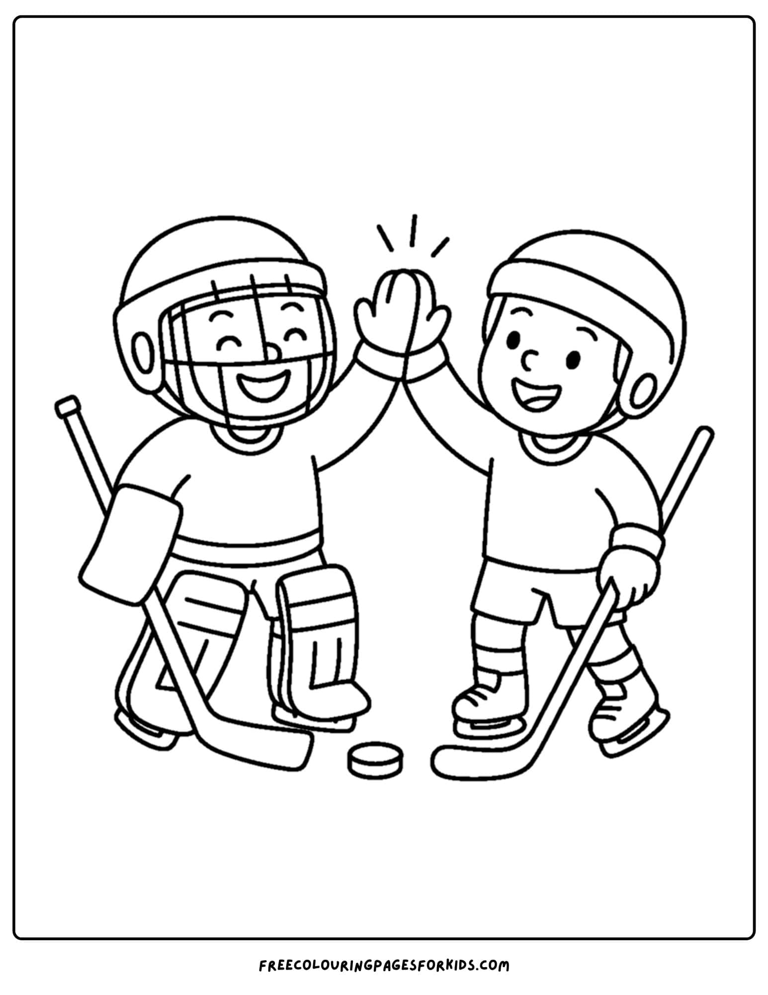 an ice hockey coloring page featuring a goalie and a player giving each other a high five