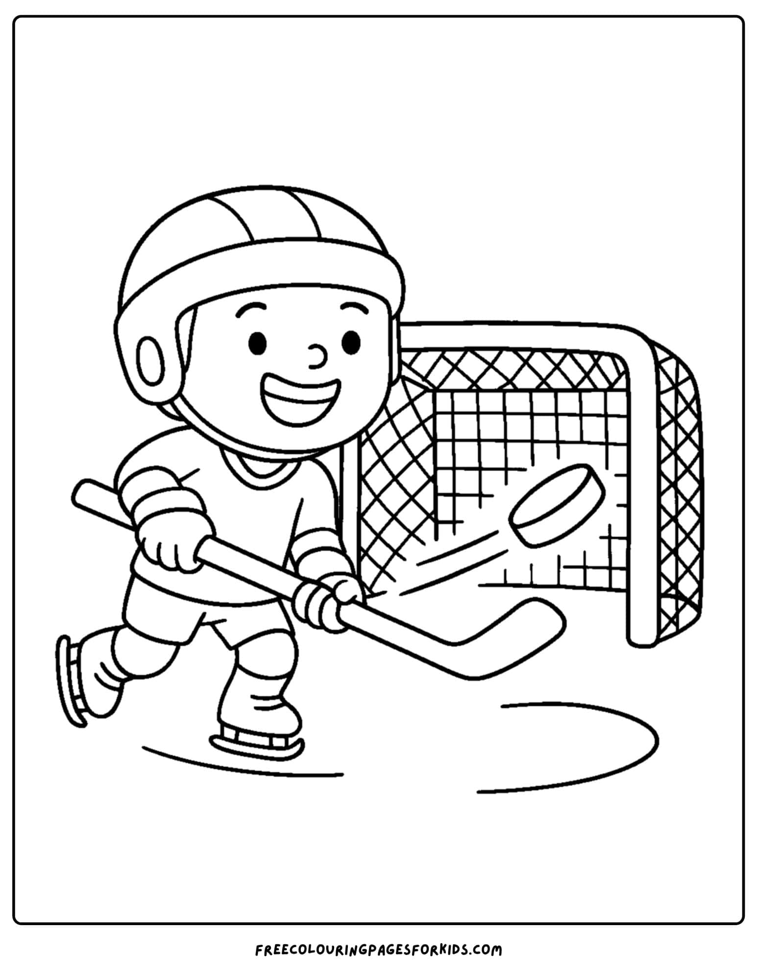 an ice hockey coloring page featuring a kid scoring a goal