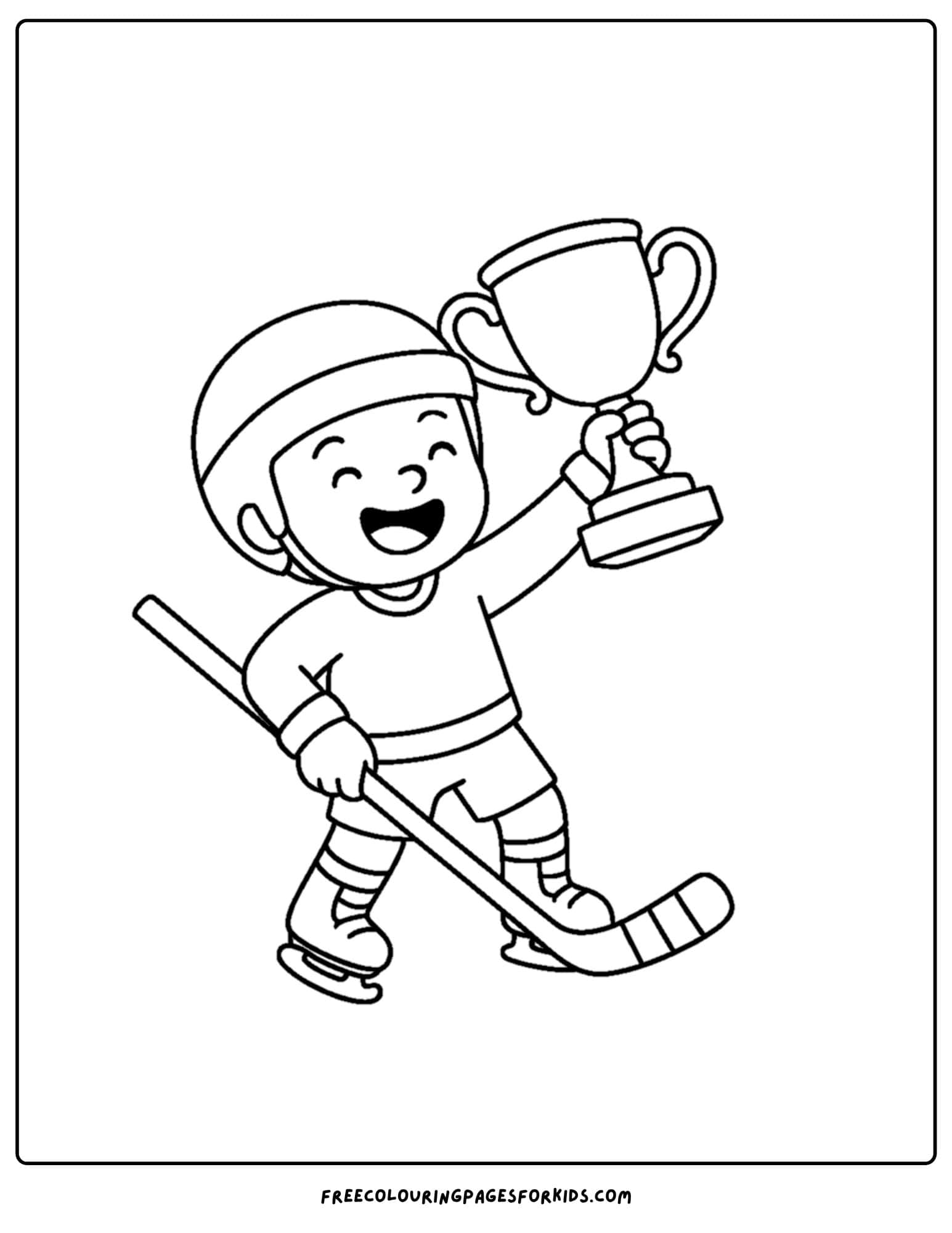 an ice hockey coloring page featuring a player holding a trophy and cheering
