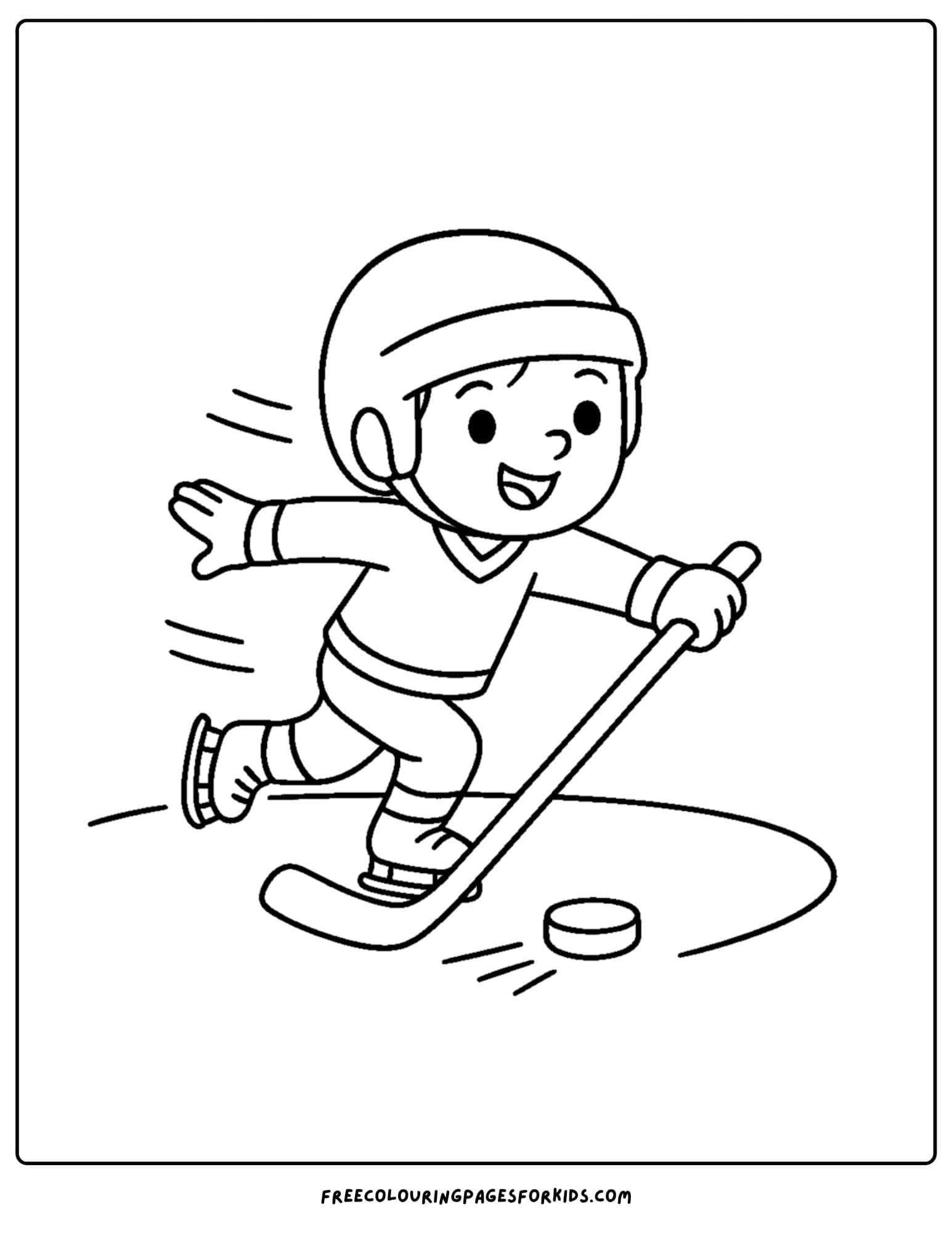 an ice hockey coloring page featuring a player skating across the ice with the puck