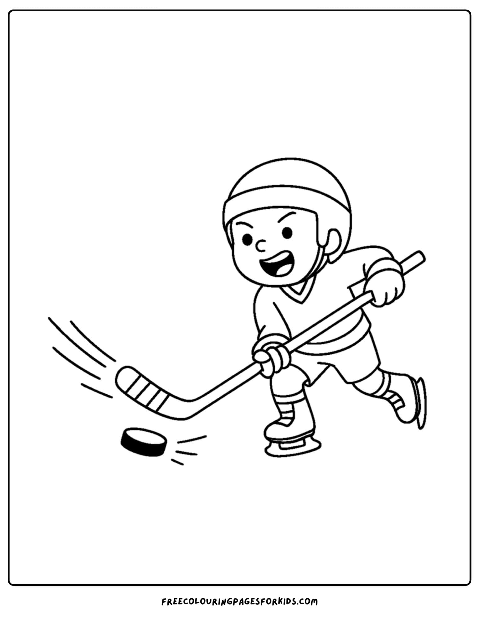 an ice hockey coloring page featuring a player taking a slapshot