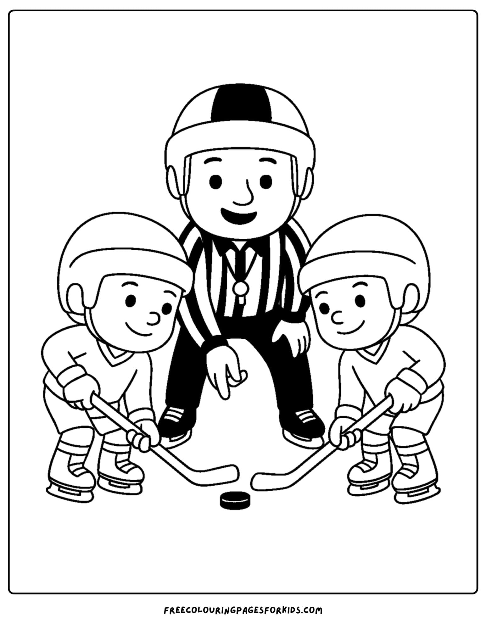 an ice hockey coloring page featuring a referee dropping the puck to start the game with two players ready