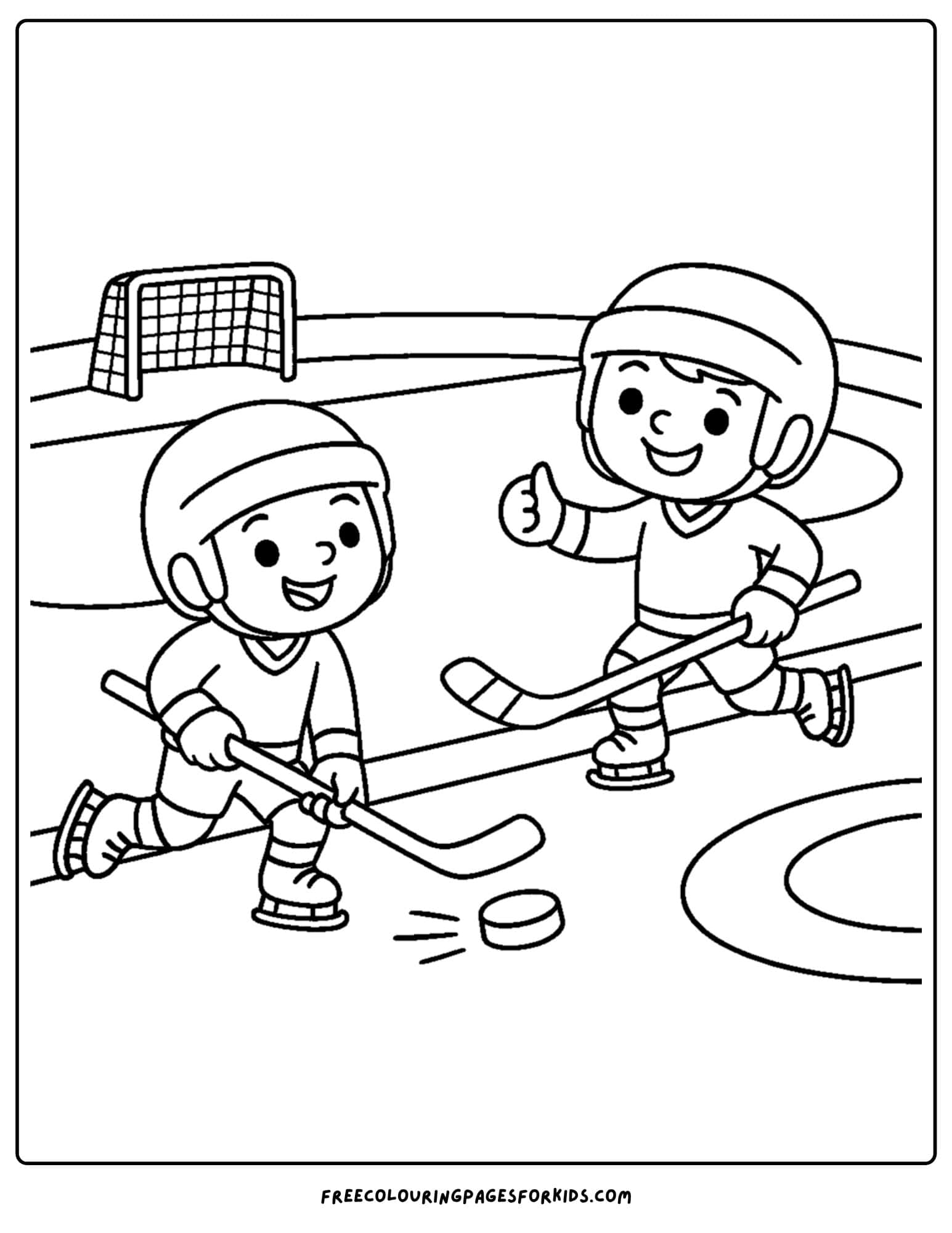 an ice hockey coloring page featuring two kids playing ice hhockey at a rink