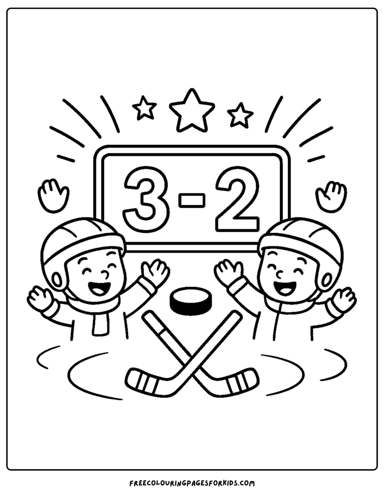 an ice hockey coloring page featuring a scoreboard showing a score with fans cheering